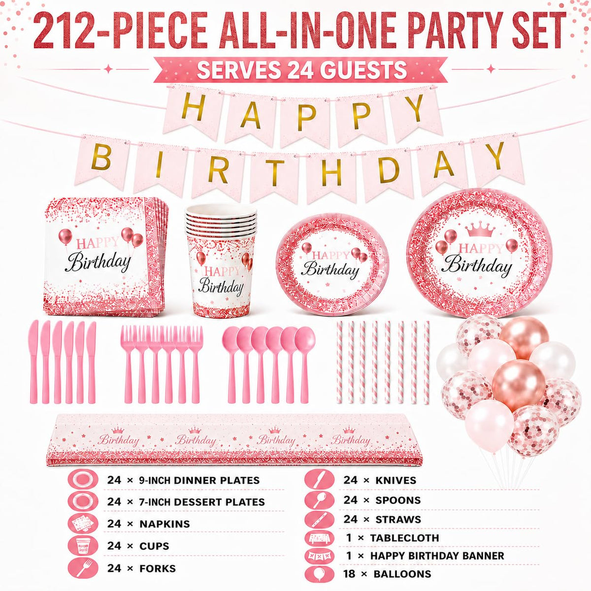 212Pcs Pink Birthday Party Supplies Set Disposable Plates - ZIRICHER Official Imagery - 3