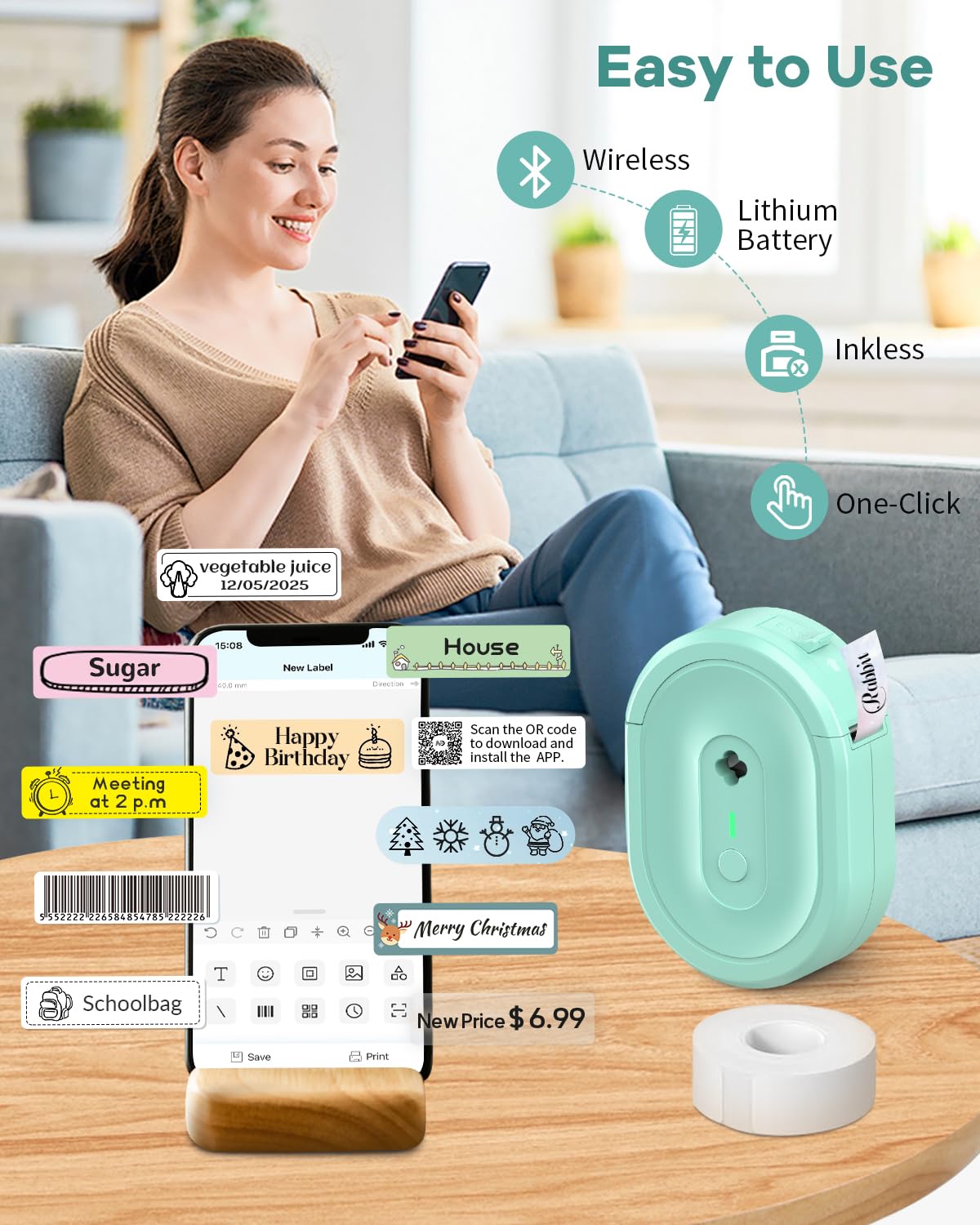 NDYIN N12 Label Maker Machine with 1 Tape Bluetooth Label Printer by NDYIN - Angle View 3