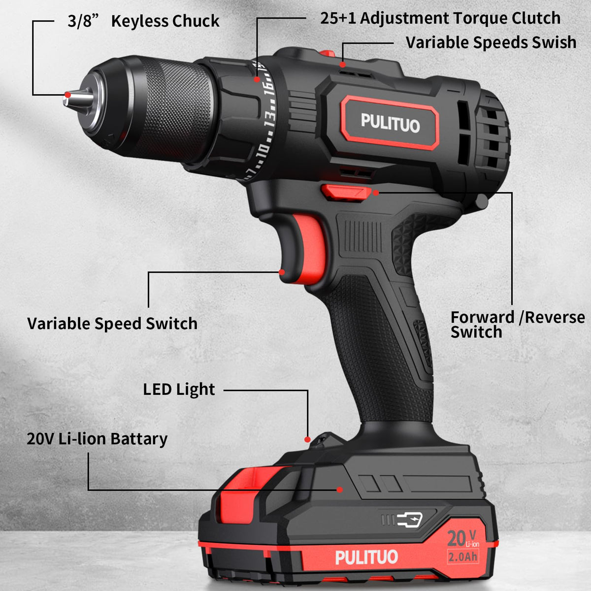 PULITUO Cordless Drill Set 20V 2 0Ah Electric Power Drill - PULITUO Official Imagery - 8