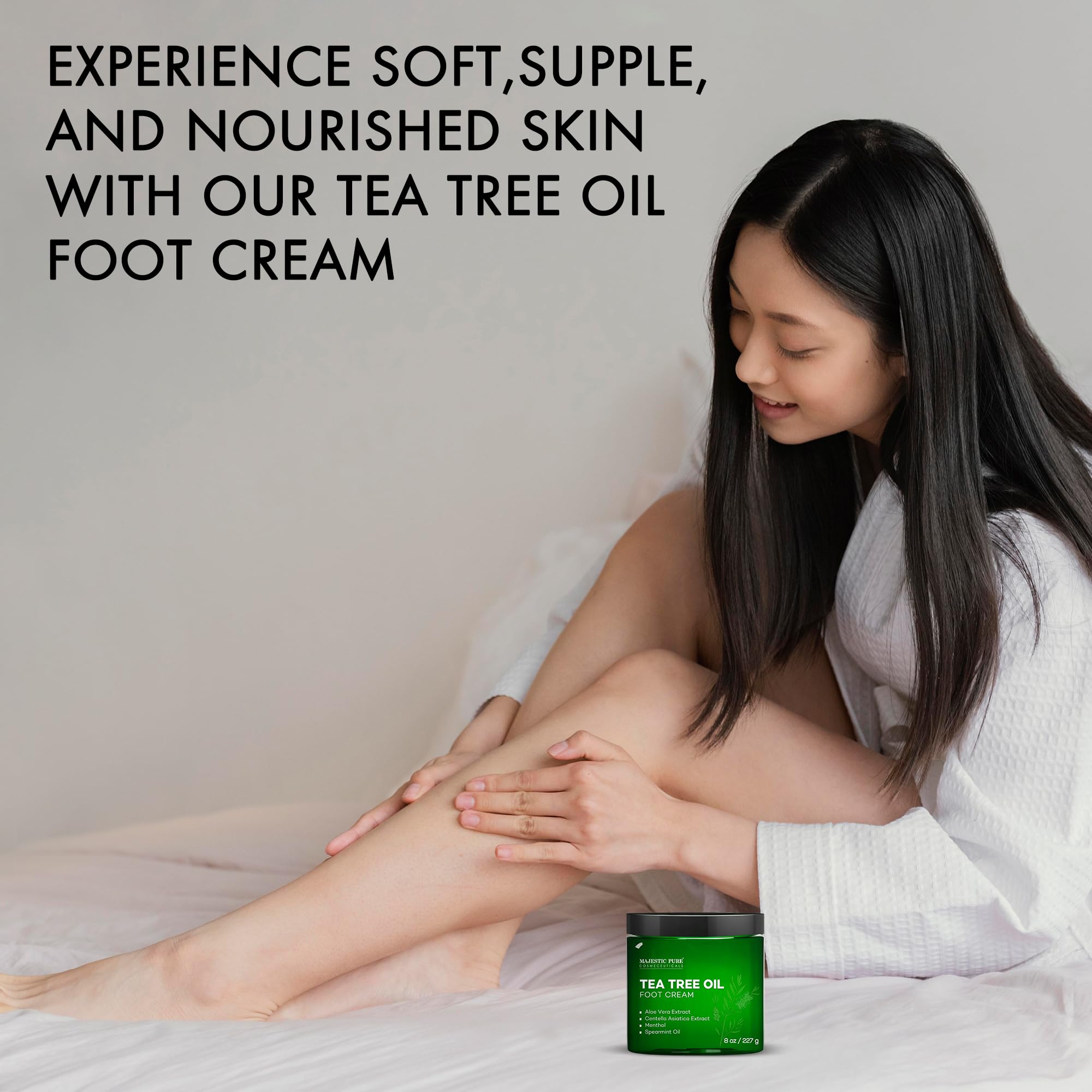 Majestic Pure Tea Tree Oil Foot Cream in a white jar, showing smooth cream texture, designed for foot skincare and soothing relief.