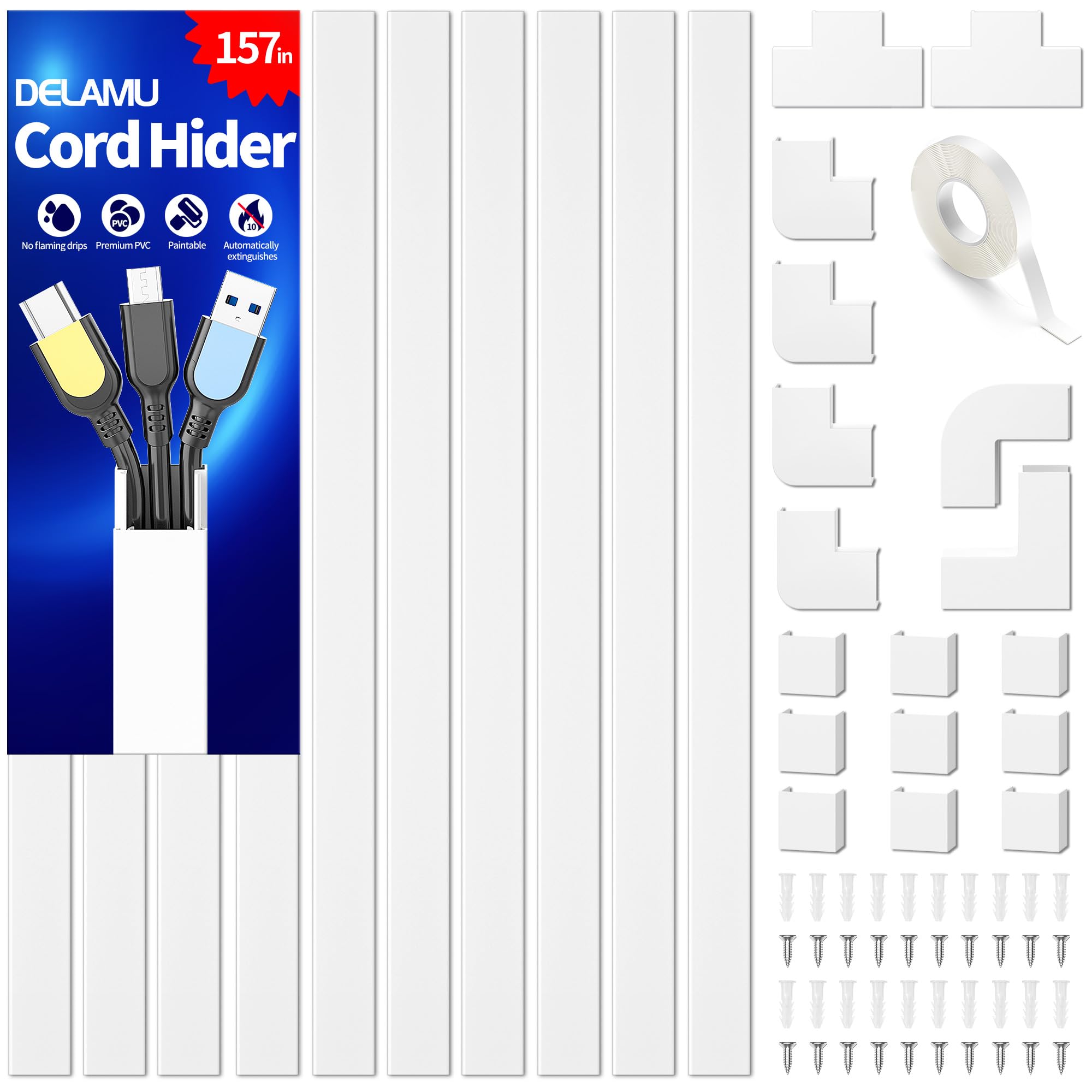 Delamu cord management cover for wires, white cable raceway kit on wall, 157-inch wire cover for TV and electronics cords.