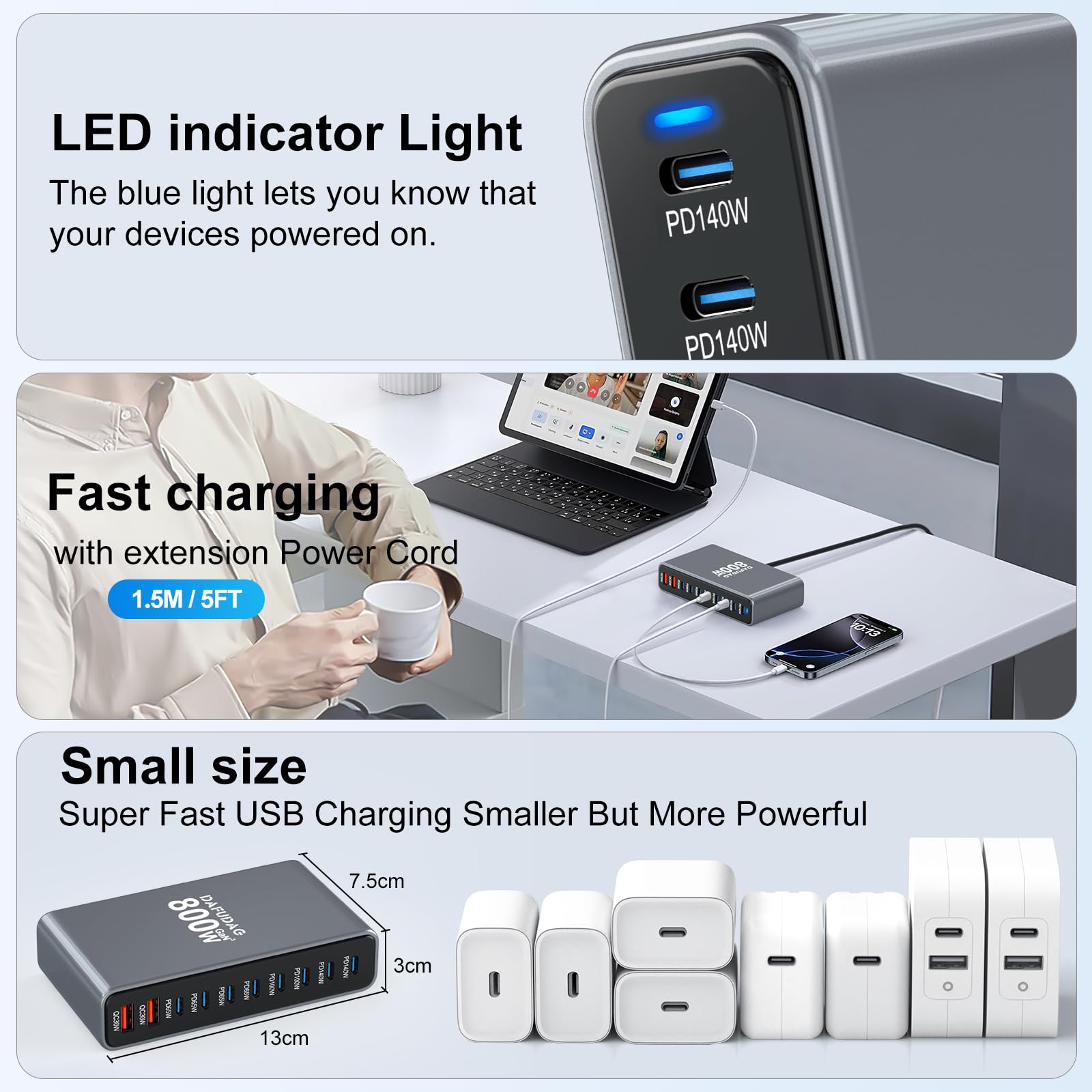 800W USB C Charger, 140W GaN Charger, 10-Port 100W/65W Fast Charging Station Compatible with MacBook Pro 16, HP, ASUS Laptops, iPad, iPhone 16 Pro Max/15, Samsung Galaxy S24/S23, Steam Deck and More