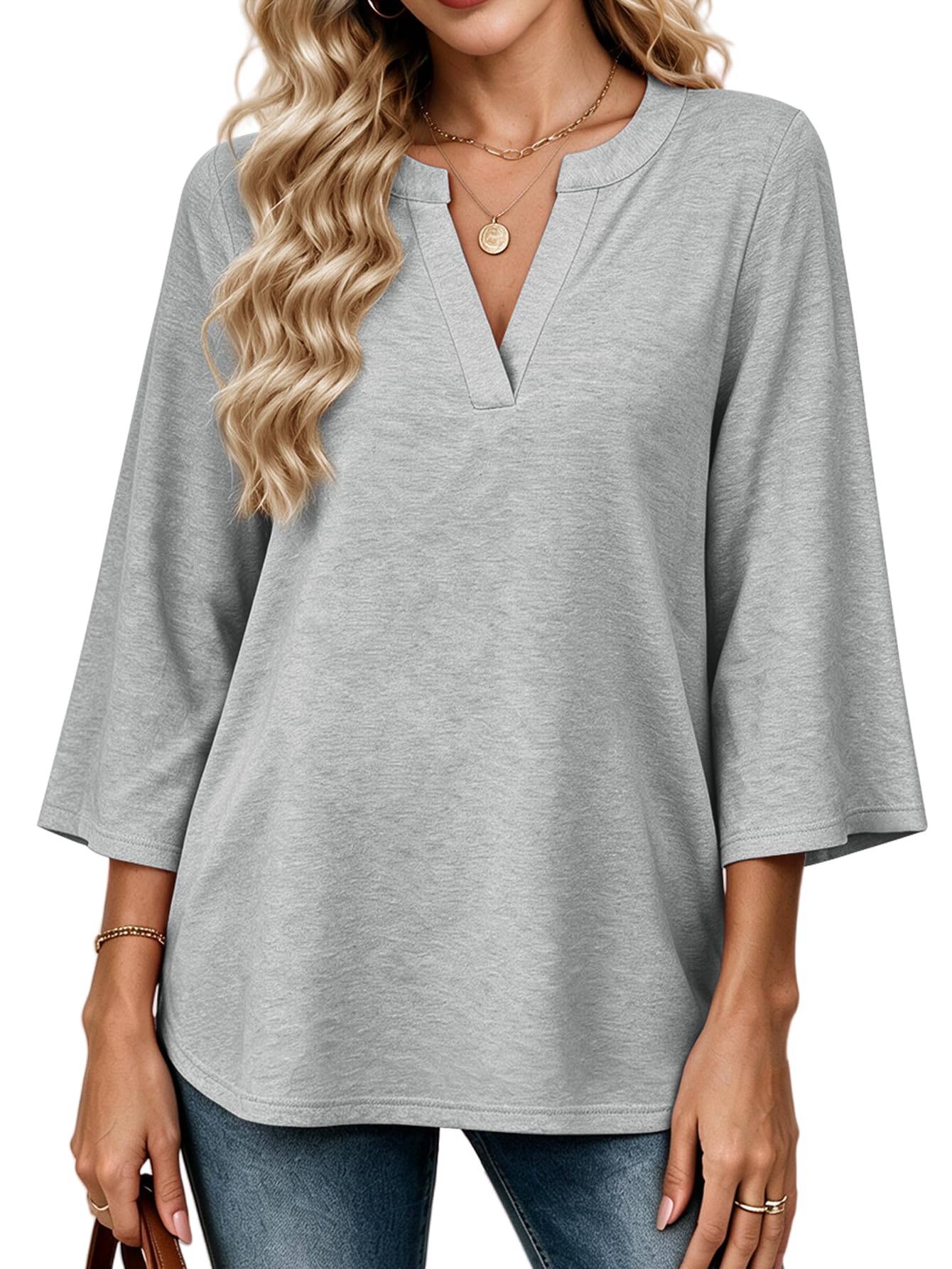 3/4 Length Sleeve Blouses for Women Dressy Casual Fall V Neck T - Product Imagery