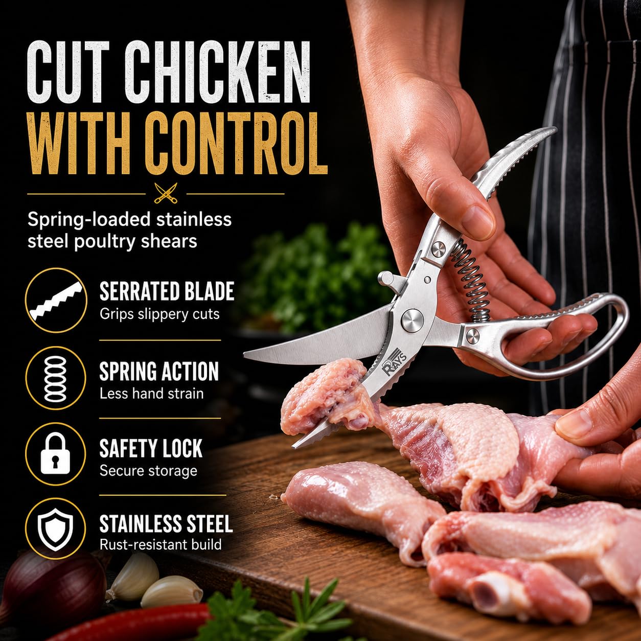 RRAYS Heavy Duty Poultry Shears, Spring Loaded Kitchen Scissors for Ch - View 2