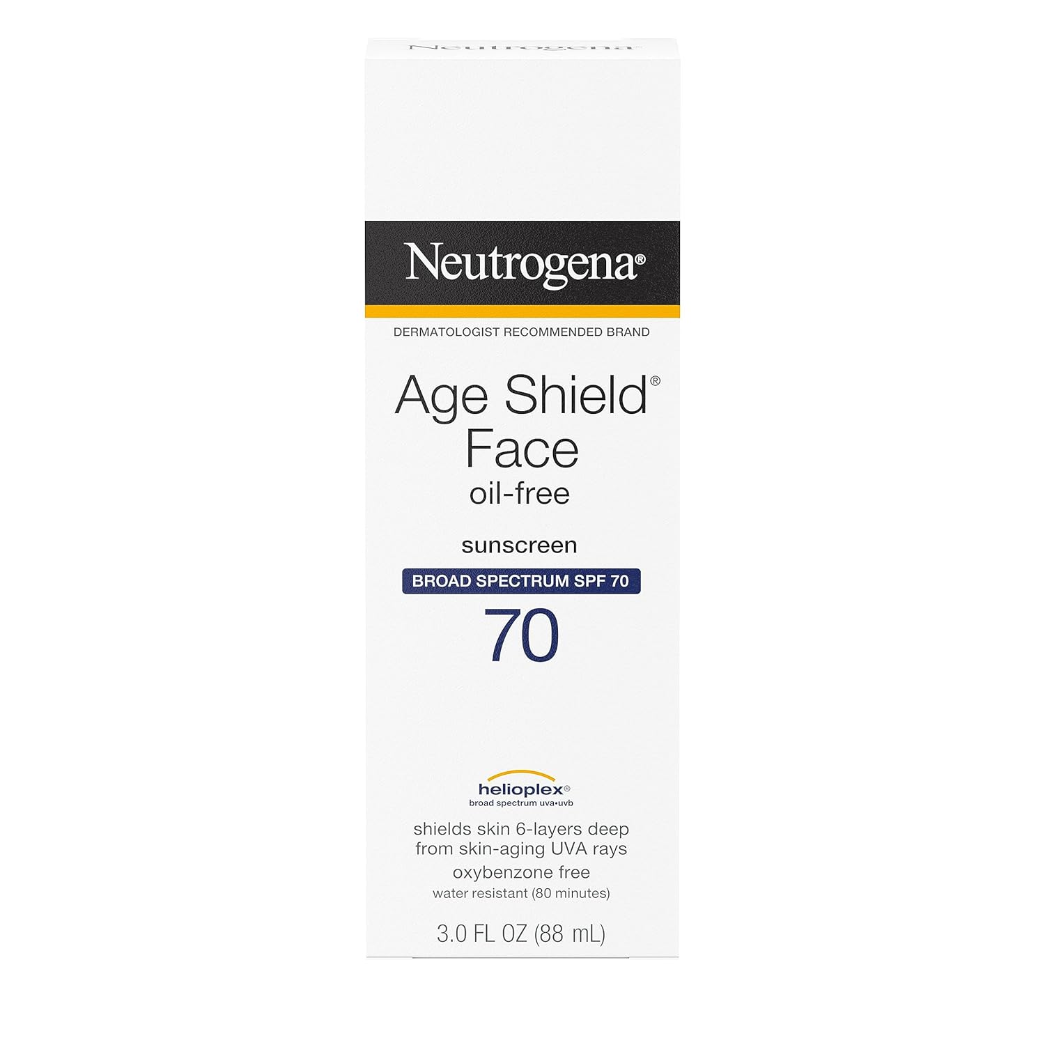 Neutrogena Age Shield face oil-free sunscreen lotion bottles in a pack of three, with SPF protection and lightweight formula.