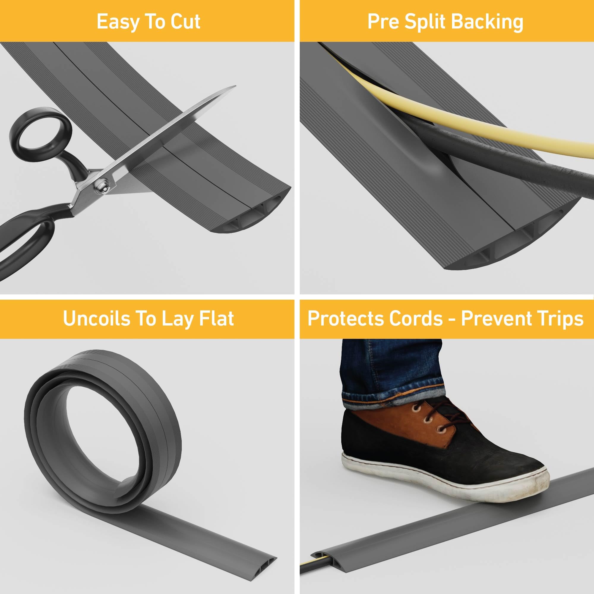 Gray D-Line cable protector cover with 1 channel, 6 ft length, 1/2 inch height, and 2-3/8 inch width for cord management.