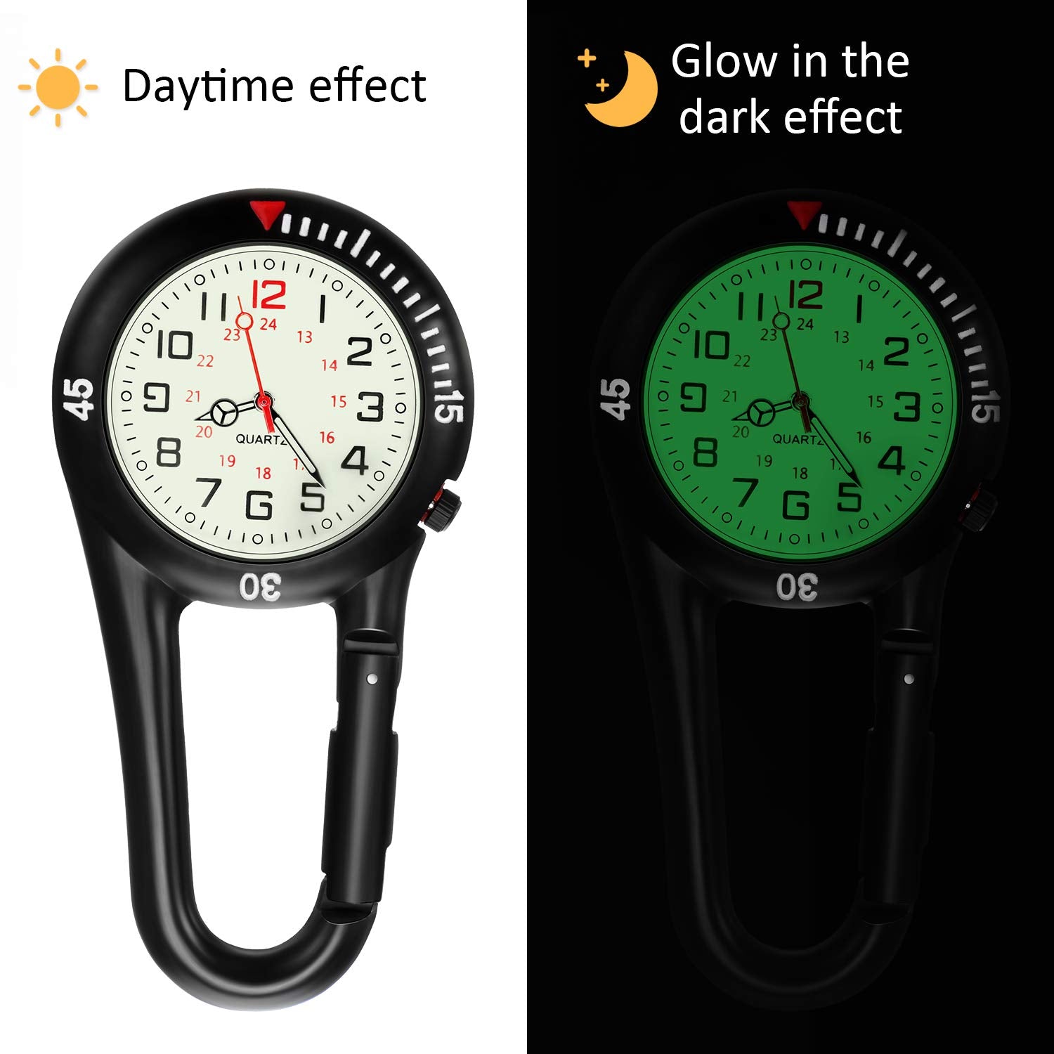 Hicarer 2-Pack Clip-On Glow Quartz Fob Watch, Black