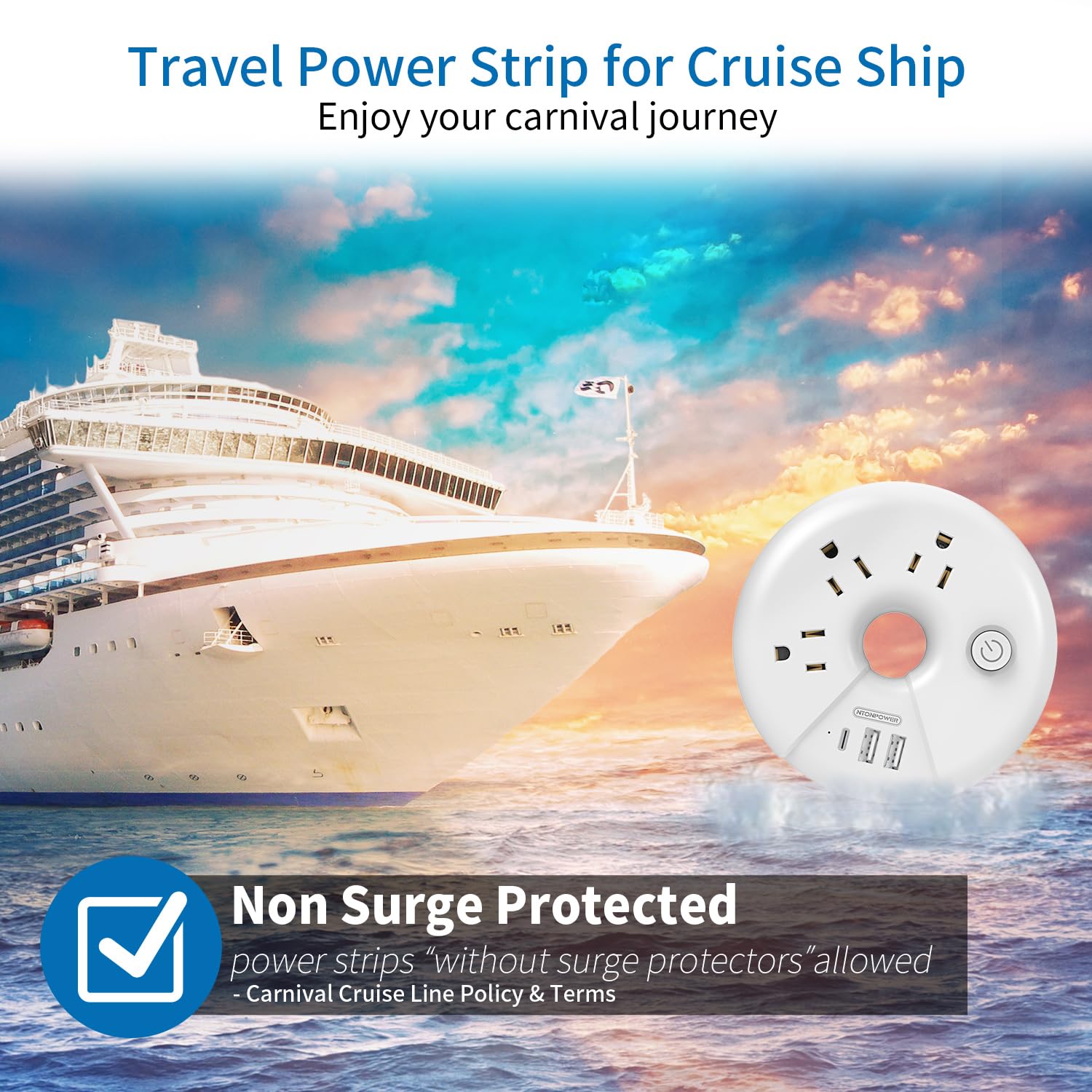 Travel Power Strip, NTONPOWER 3 Outlets 3 USB  Cruise Approved Po - NTONPOWER Official Product View 4