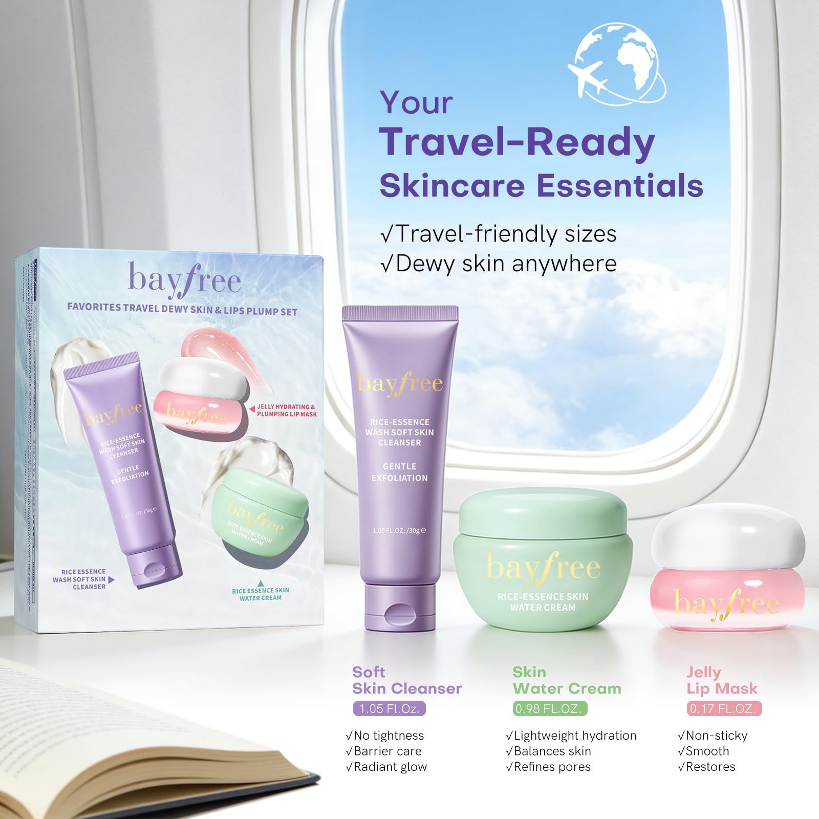 bayfree Dewy Skin Care Set, Travel Size Skincare Kit with 3-Step - bayfree