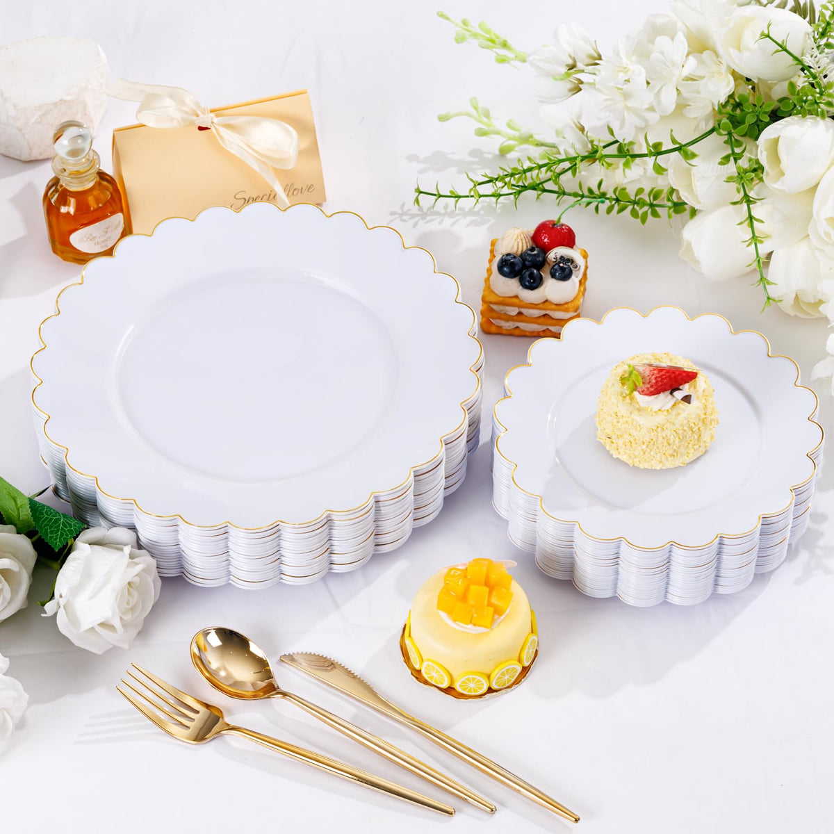 LIYH 60 Pcs White Plastic Plates with Gold Rim Scalloped - LIYH Love in your heart Official Imagery - 8