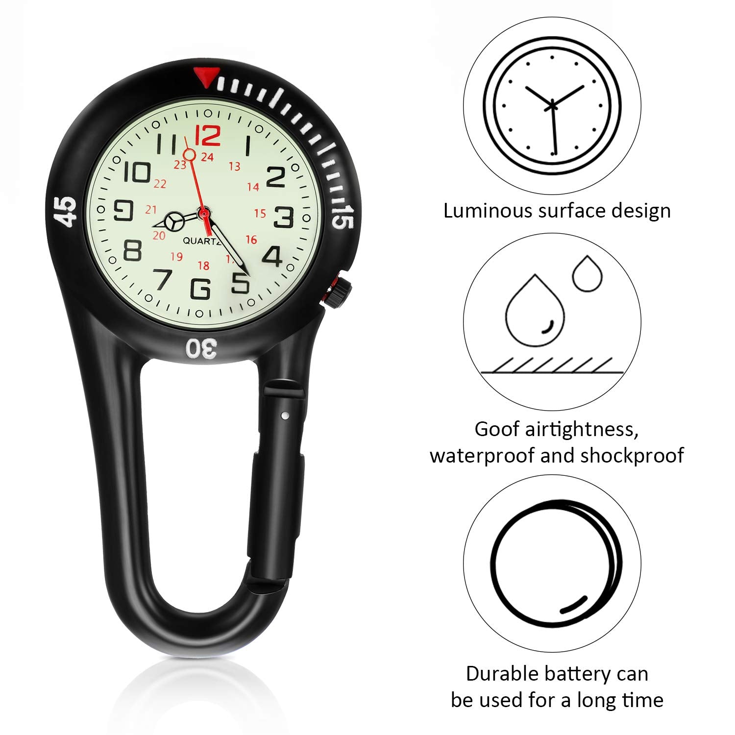Hicarer 2-Pack Clip-On Glow Quartz Fob Watch, Black