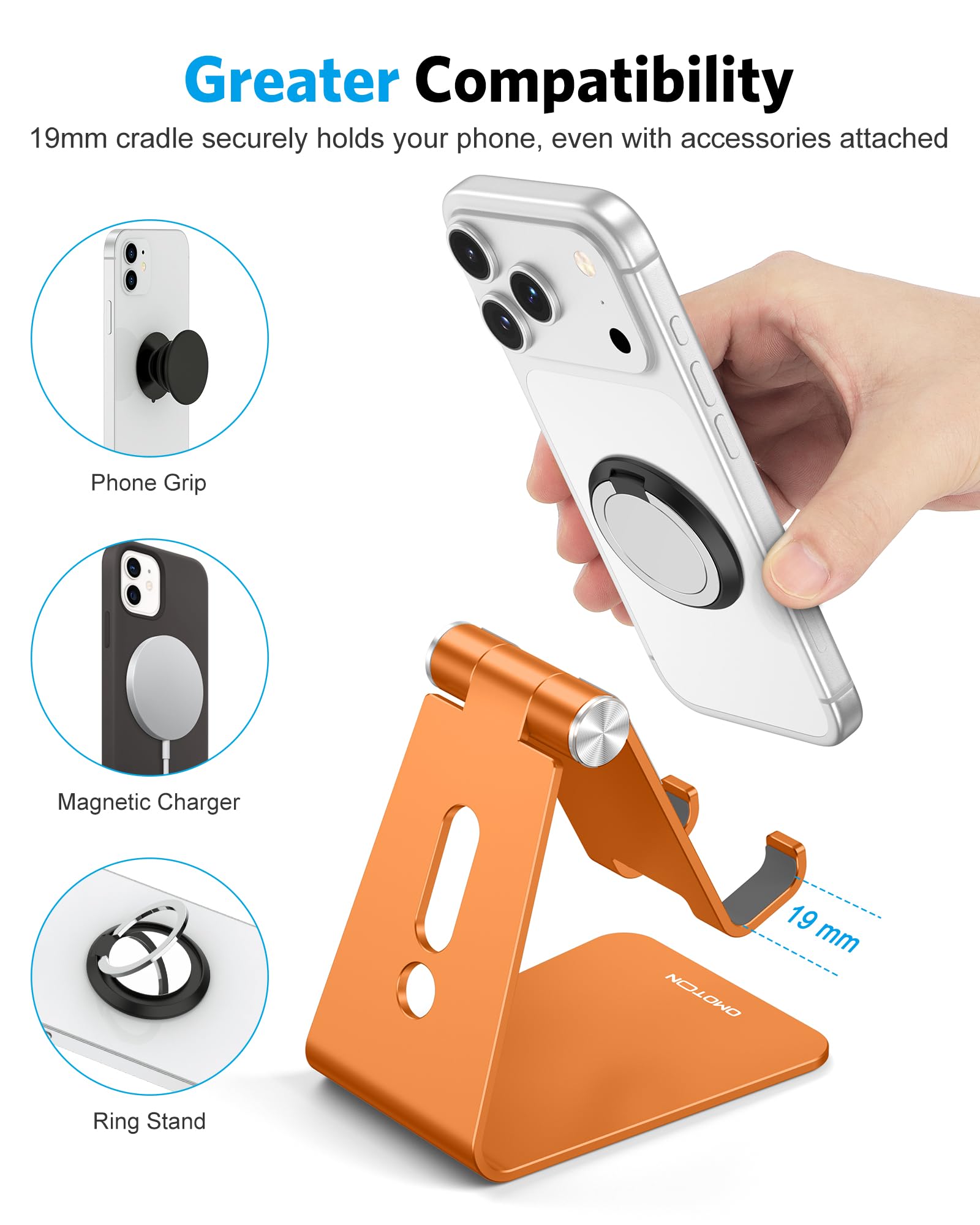 OMOTON Adjustable Cell Phone Stand, Aluminum Desktop Cellphone Stand with Anti-Slip Base and Convenient Charging Port, Fits All Smart Phones, Orange