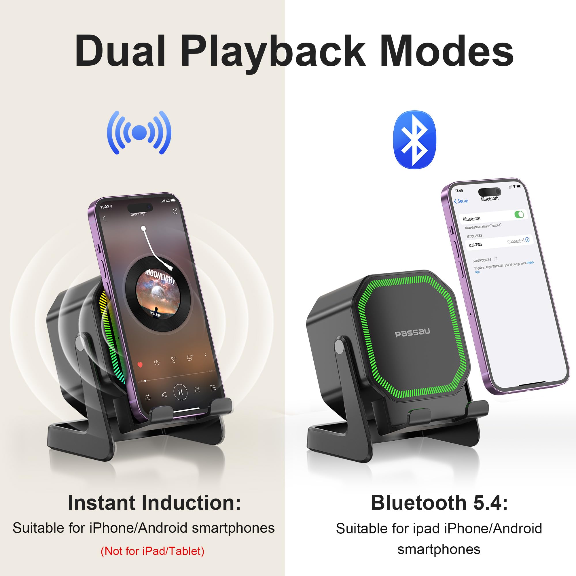 Passau Wireless Induction Bluetooth Speaker with Phone Stand RGB - Passau Official Product View 3