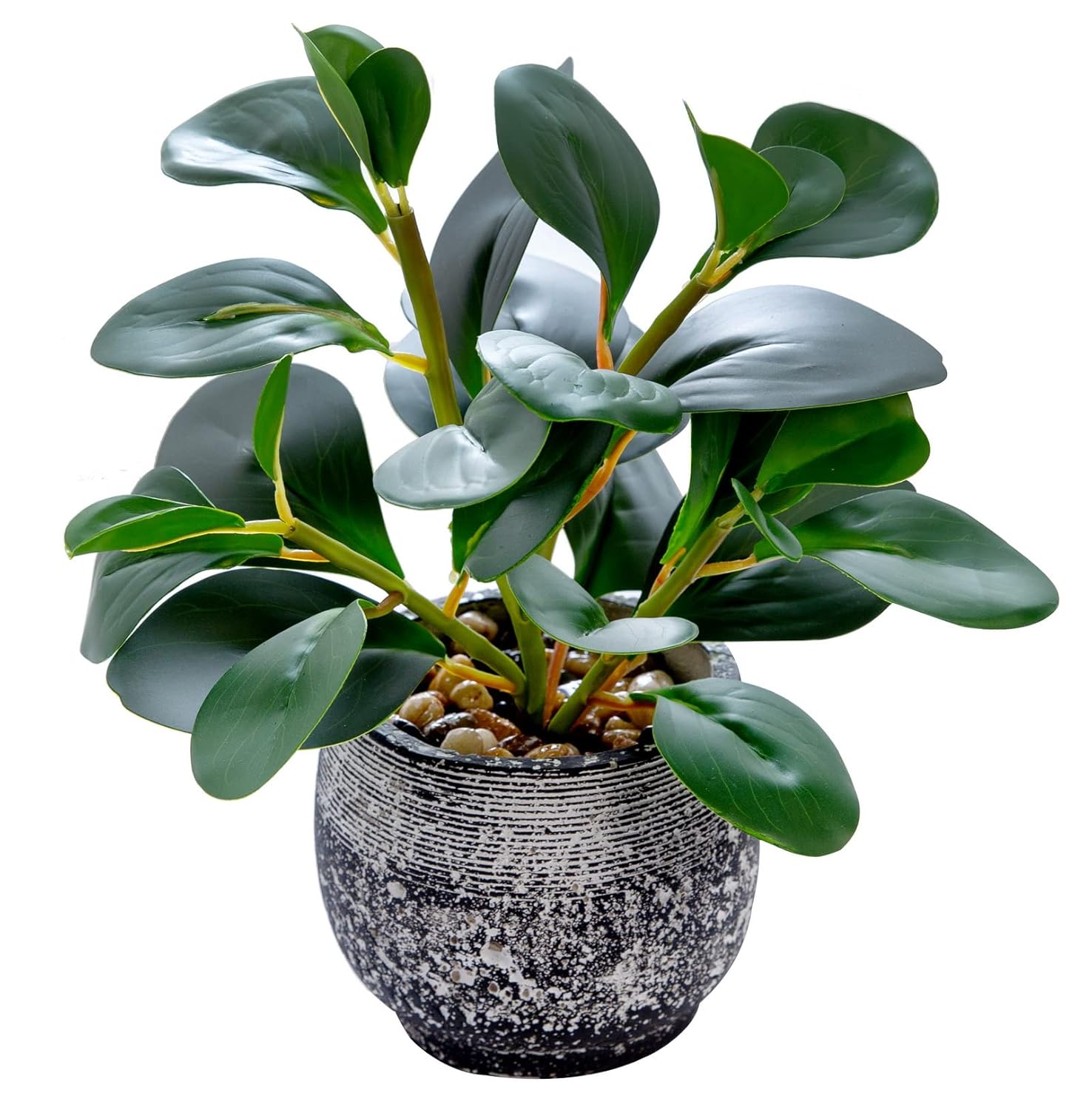 Small faux plant with lush green leaves in a rustic black pot, ideal for home decor by AlphaAcc.