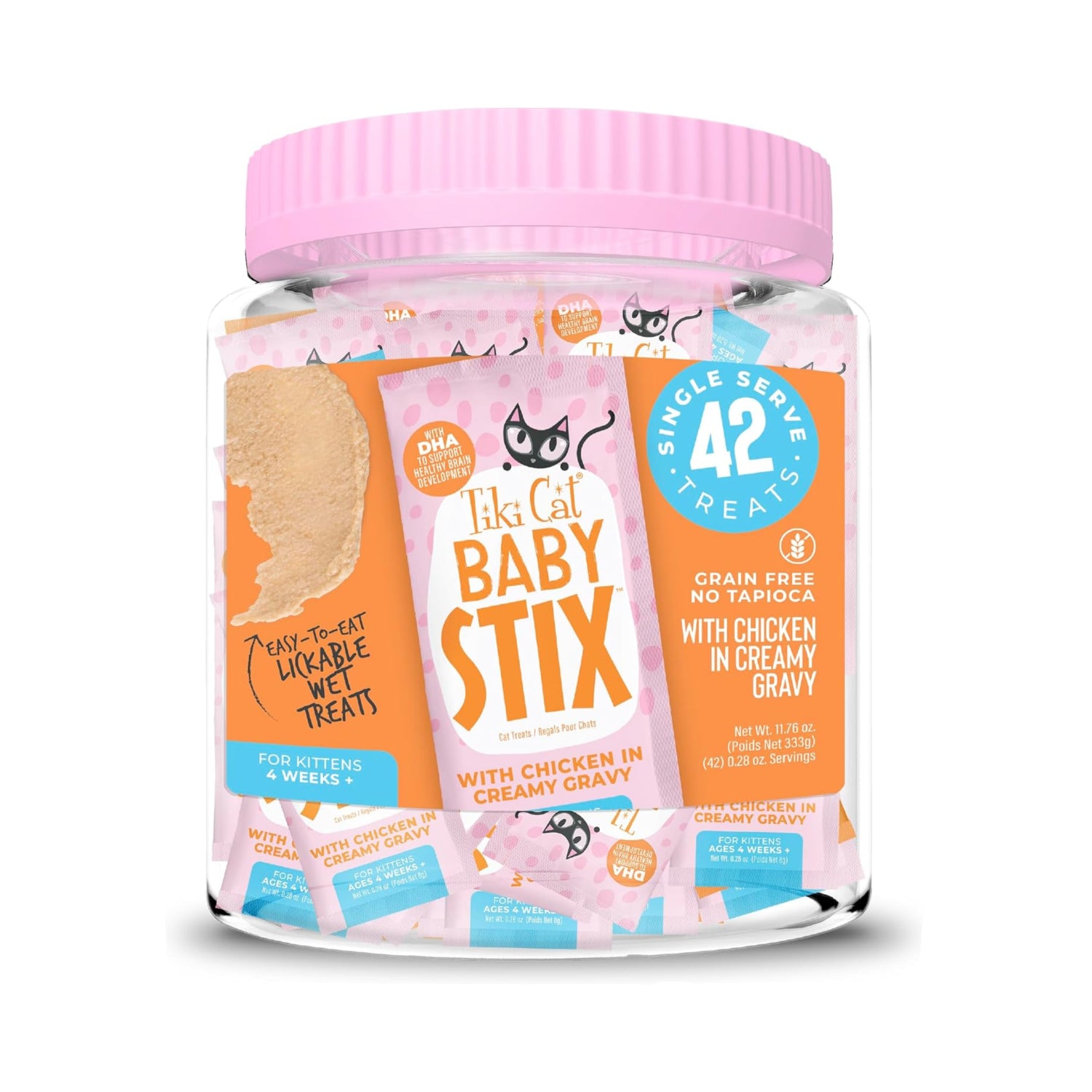 Tiki Cat Baby Stix wet cat treats with chicken in creamy gravy, 0.28 oz sachets, 42-count jar, for feline snack time.