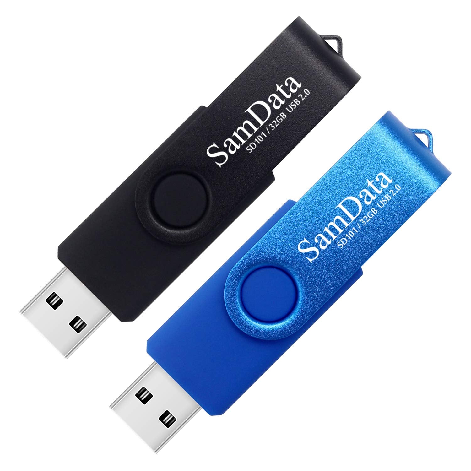 SamData 32GB USB flash drives in black and blue with LED lights, shown in a 2-pack for portable storage and backup.