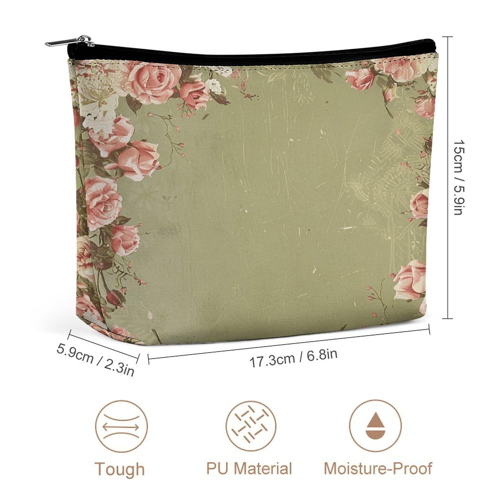 LYDSKGEQ Vintage Scrapbook Rose Makeup Bag Wide-Open Travel Bag Organizer for Toiletry Make Up Cosmetic Waterproof Portable Zipper Pouch Purse Lightweight Small Makeupbag Gift for Women Girl