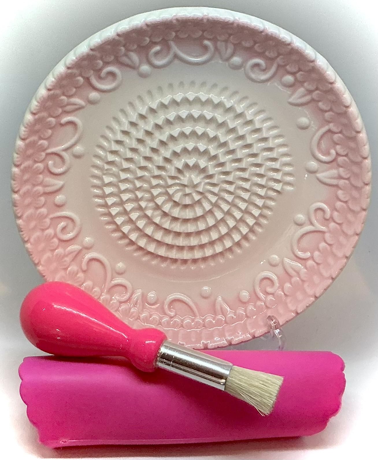 Premium Ceramic Garlic Grater Plate Set - Pink Embossed - Product Imagery