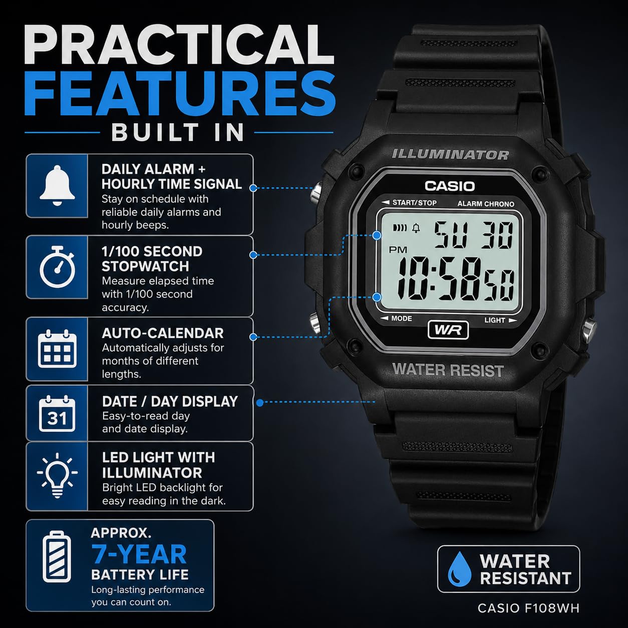 Casio F108WH Series | Men's Digital Watch | Illuminator | Water Resist - View 3