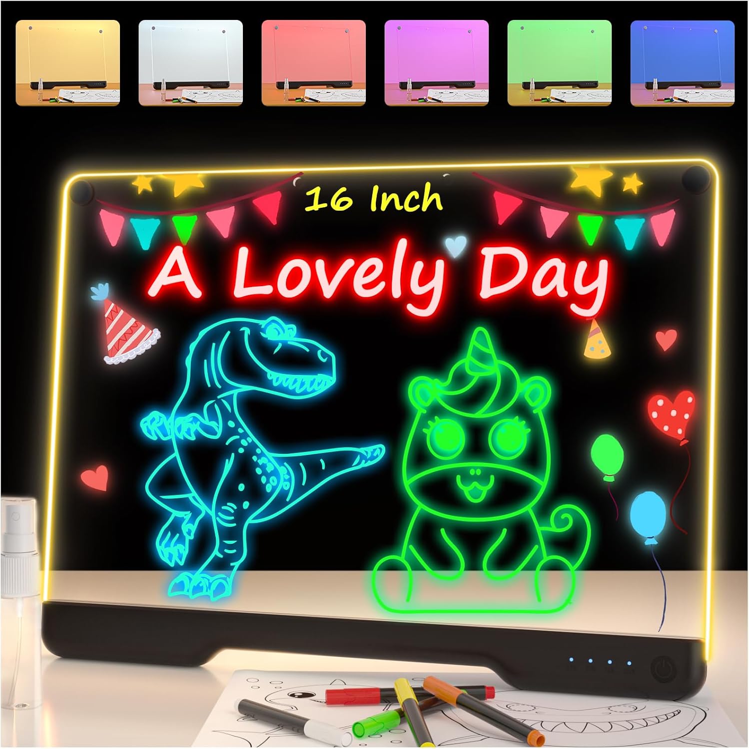Black Bailkind portable LED note board with 16-inch display, colorful LED lights, rechargeable battery, and 7 light effects.