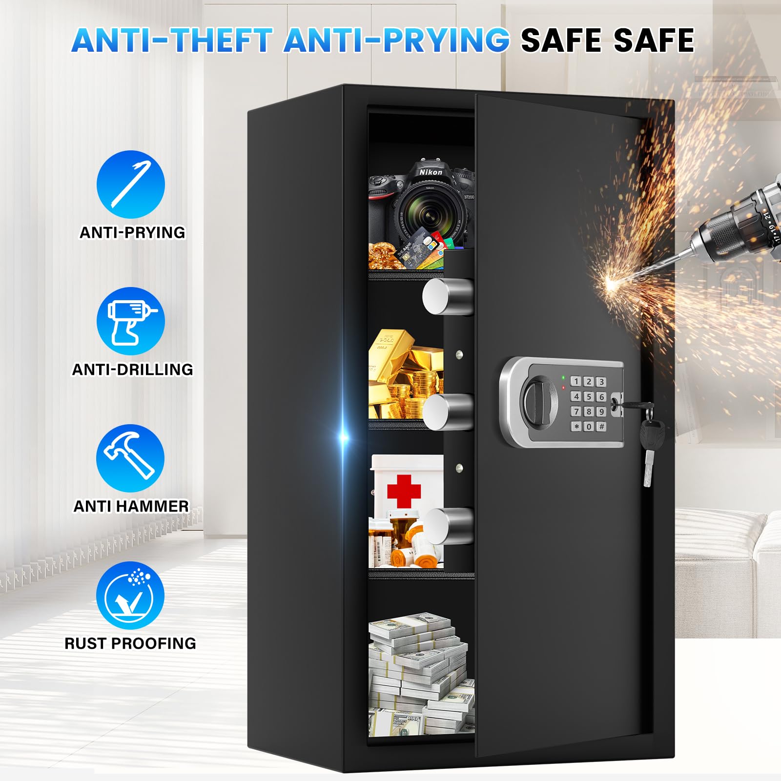 FOWORE 27.56"H Steel Safe Box, 6.0 Cuft Home Safes with Fireproof - FOWORE Official Product View 3