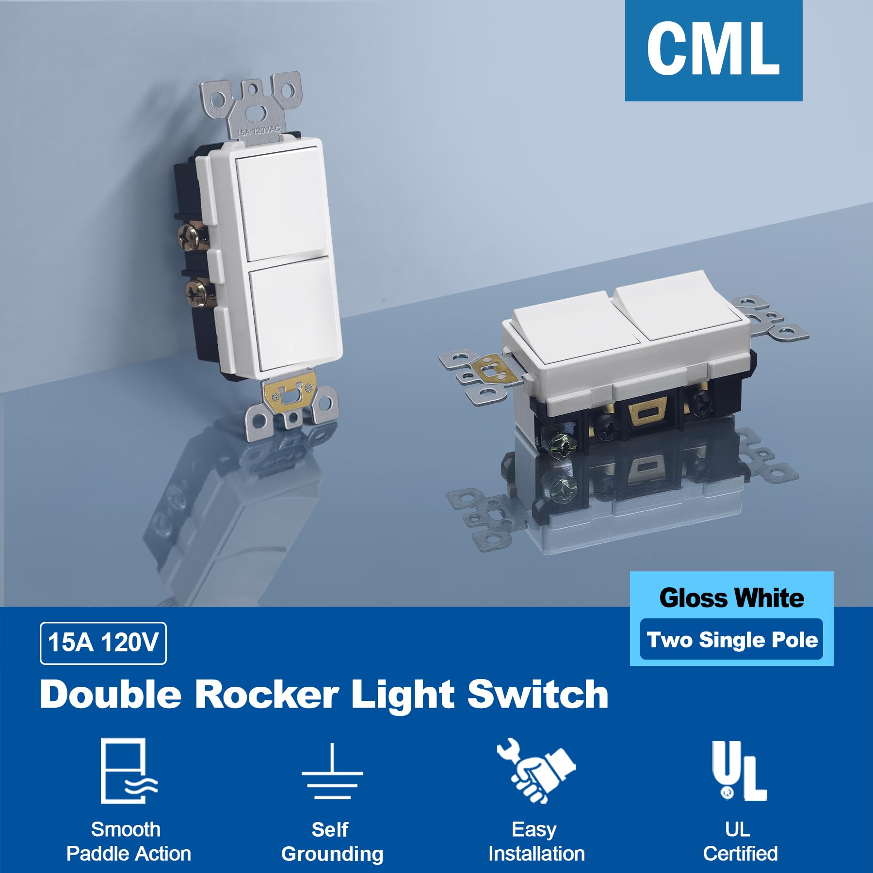 CML Double Rocker Light Switch 5-Pack, 15A 120V White