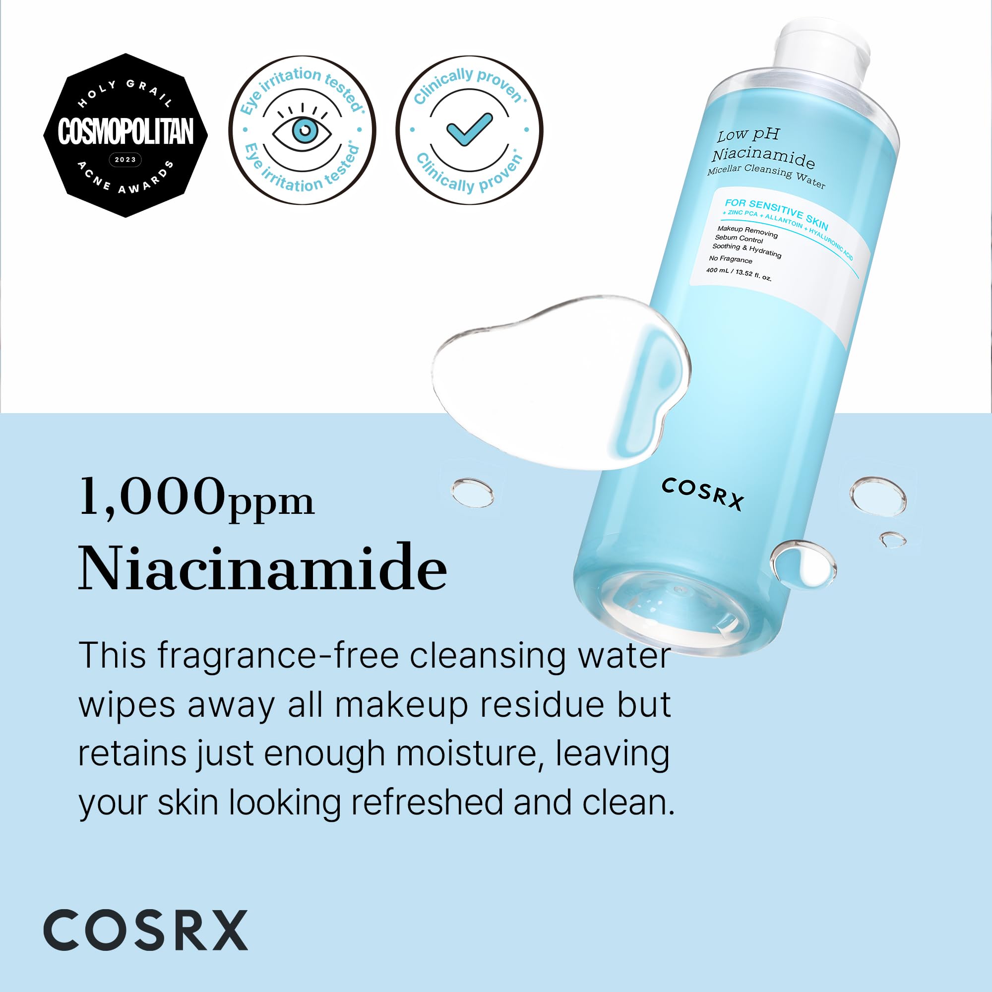 COSRX Low pH Niacinamide Cleansing Water for Sensitive Skin, - COSRX