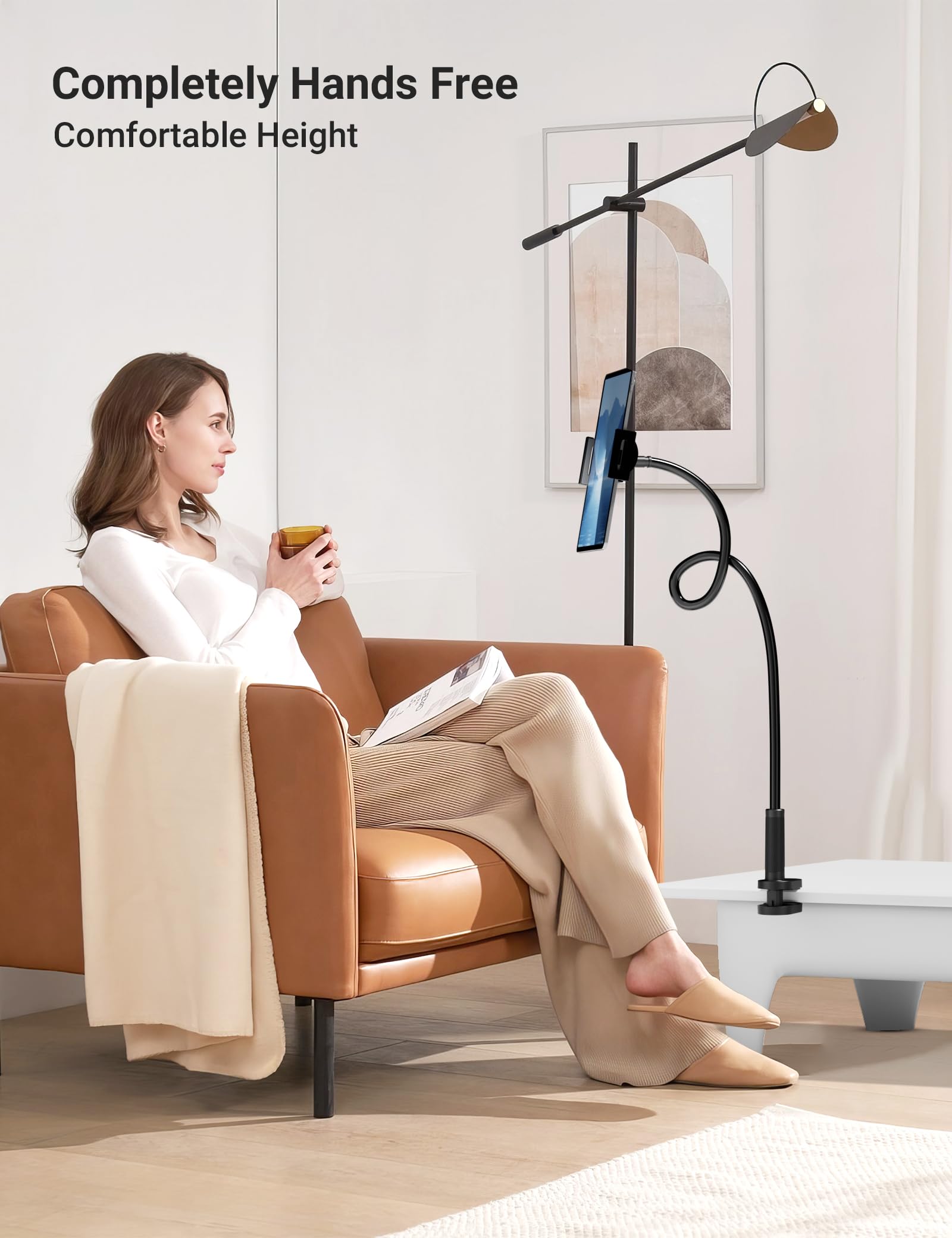 Klsniur flexible gooseneck tablet holder with adjustable mount, clamp for desk, bed, or kitchen, compatible with iPad, iPhone, Galaxy Tabs.