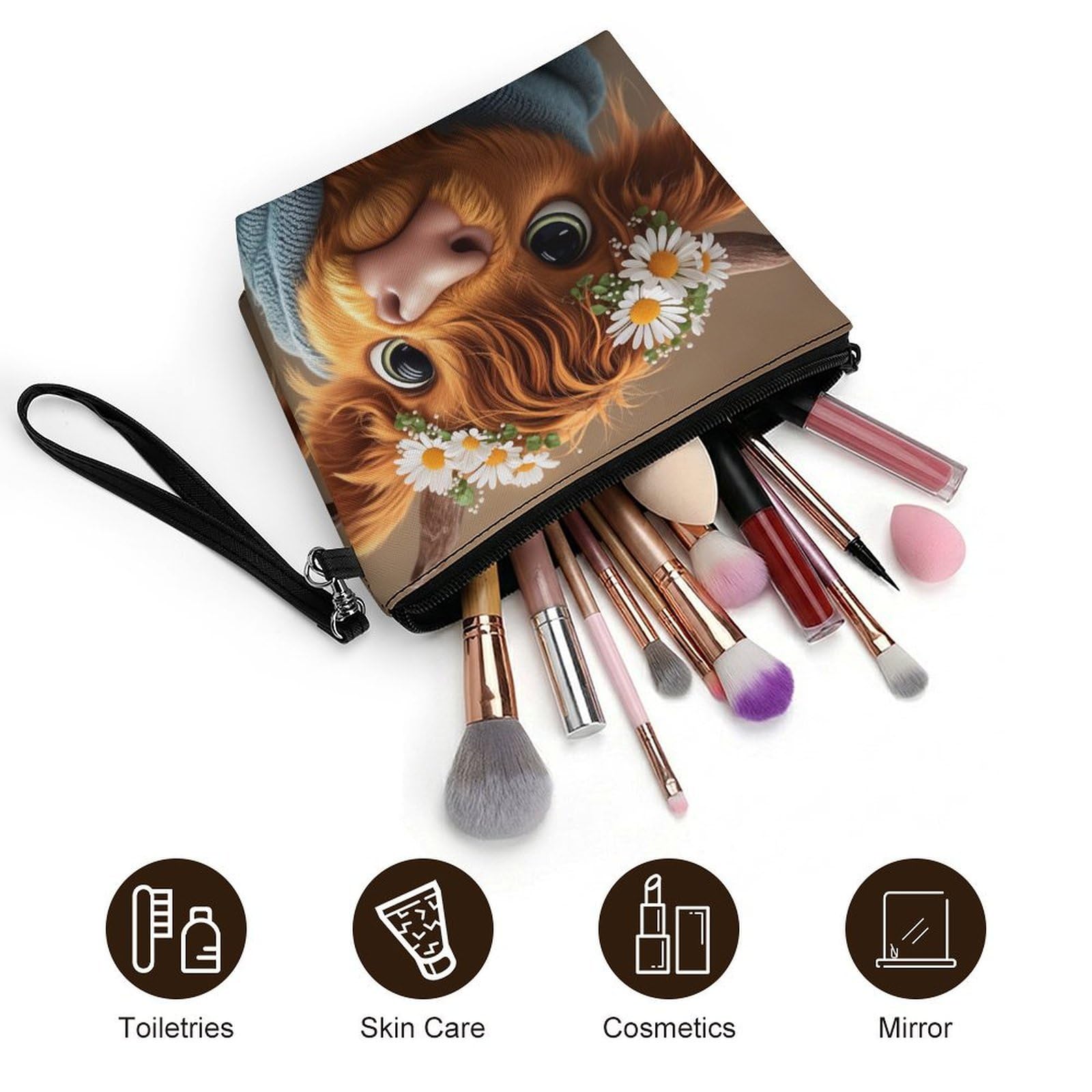Qfsdijnig cute cow-themed cosmetic bag with wrist strap, made of PU leather, ideal for storing cosmetics and accessories.