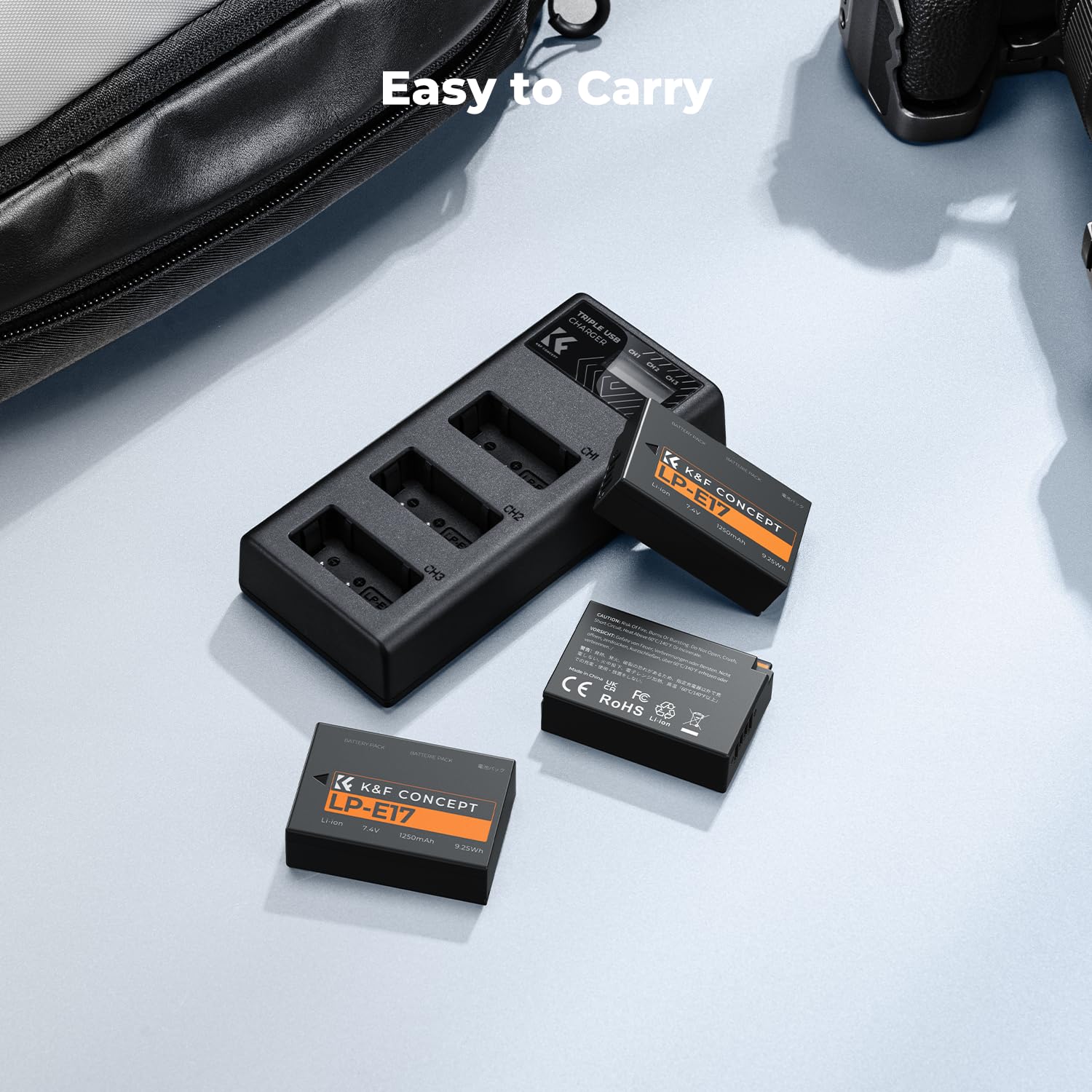 K&F CONCEPT LP-E17 battery 3-pack with 3-slot LCD charger for camera power supply, shown with batteries and charger.