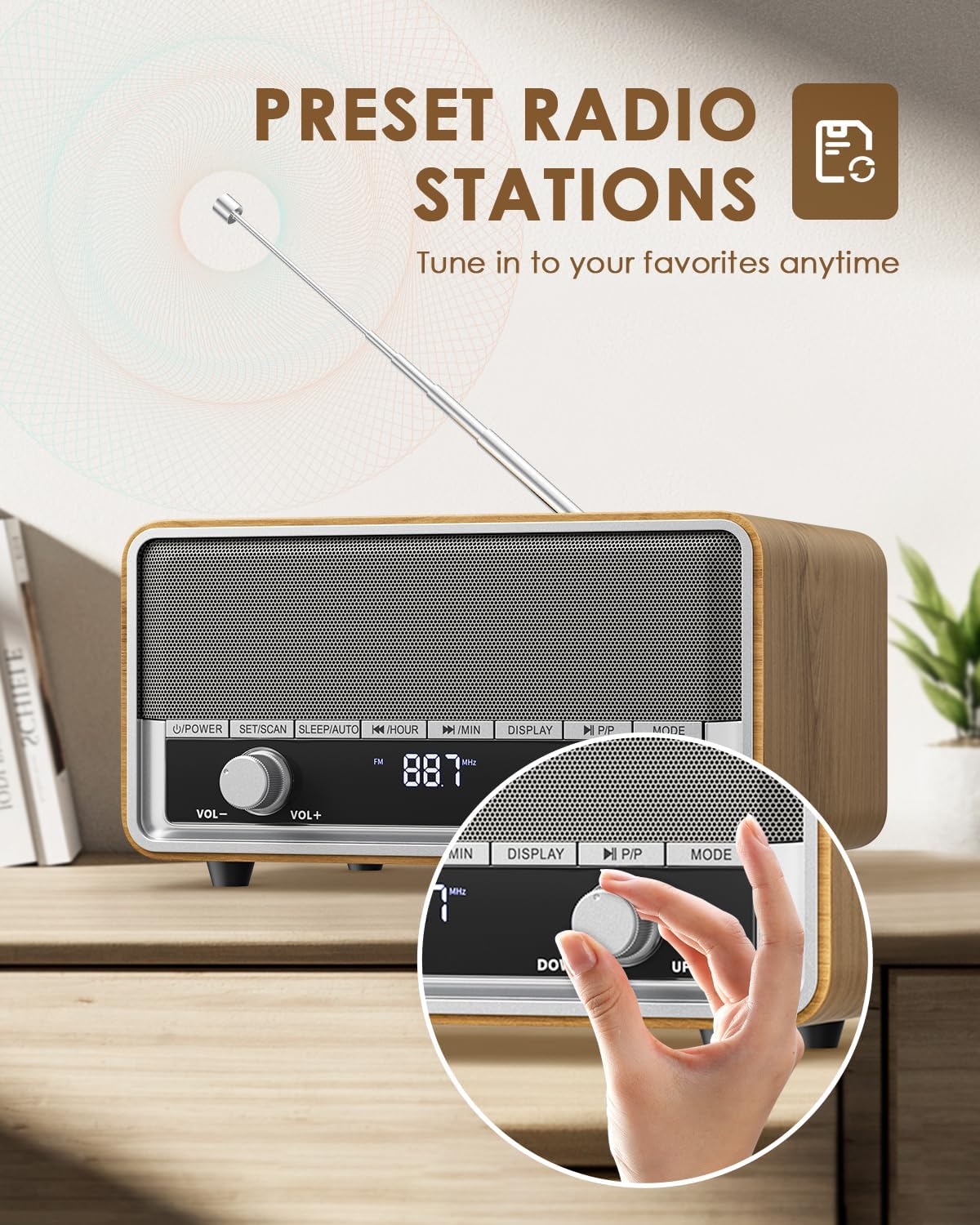 Vintage Audiocrazy wood AM FM Bluetooth radio with digital clock display and analog clock on front panel.