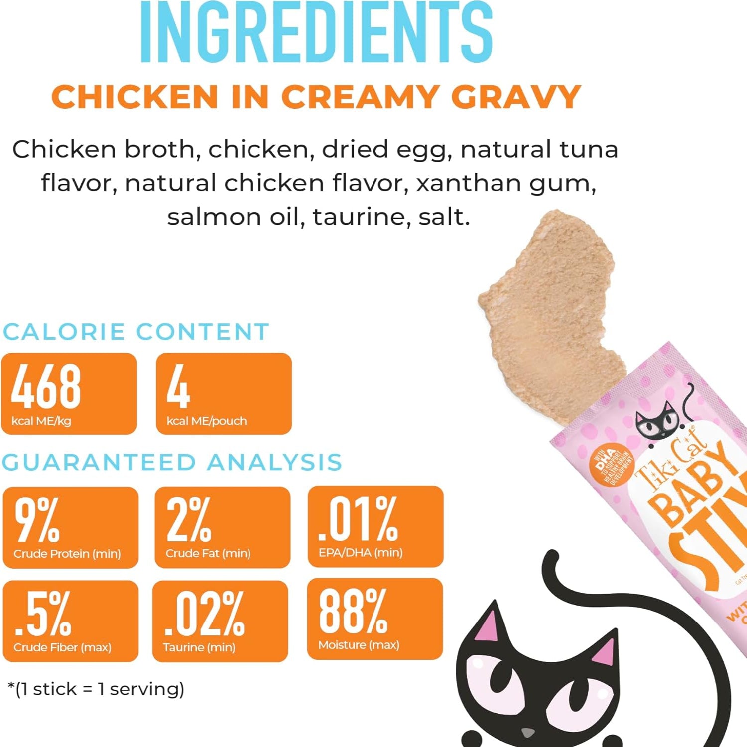 Tiki Cat Baby Stix wet cat treats in creamy chicken gravy, 0.28 oz sachets, 42-count jar, for feline snack enjoyment
