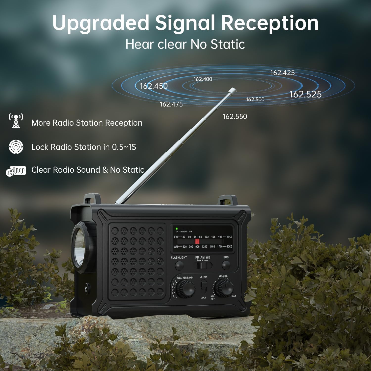 PPLEE NOAA emergency weather radio with AM/FM, 12000mAh battery, solar panel, and hand crank for portable use.