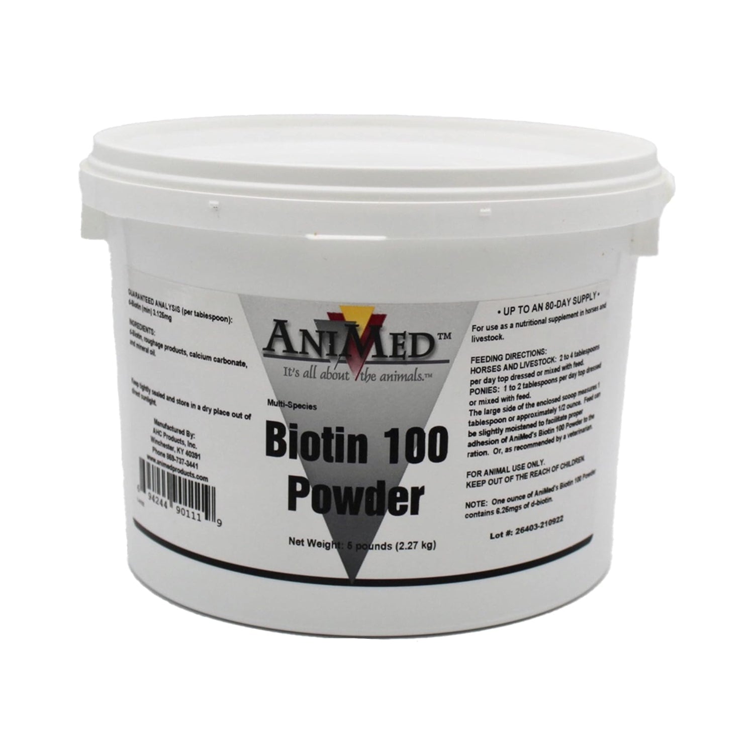AniMed Biotin 100 dog supplement in 5 lbs, showing the product container with label for healthy pet coat and skin.