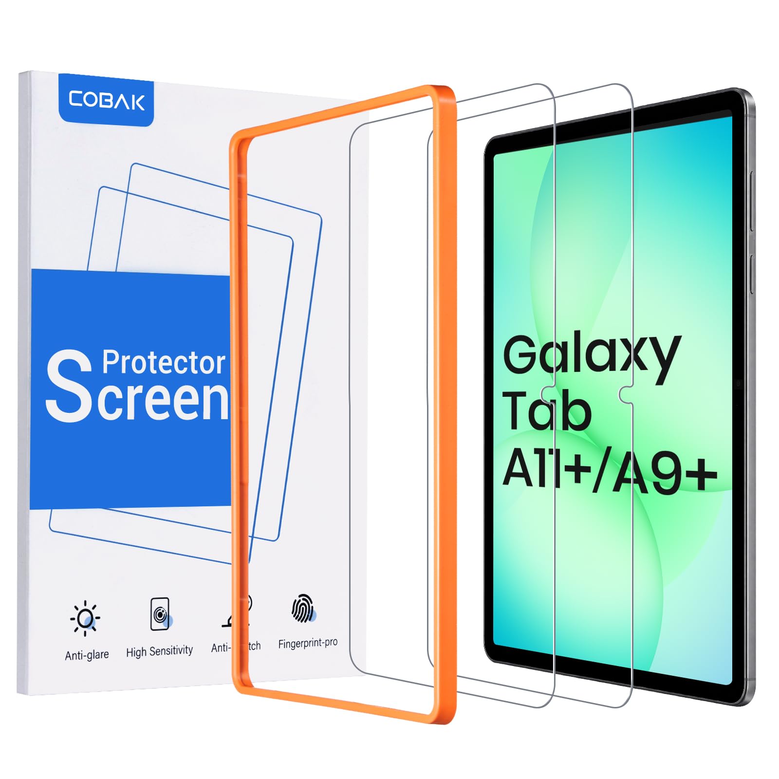 CoBak 2-pack tempered glass screen protectors for Samsung Galaxy Tab A11 Plus and A9 Plus, with installation frame and anti-scratch 9H hardness