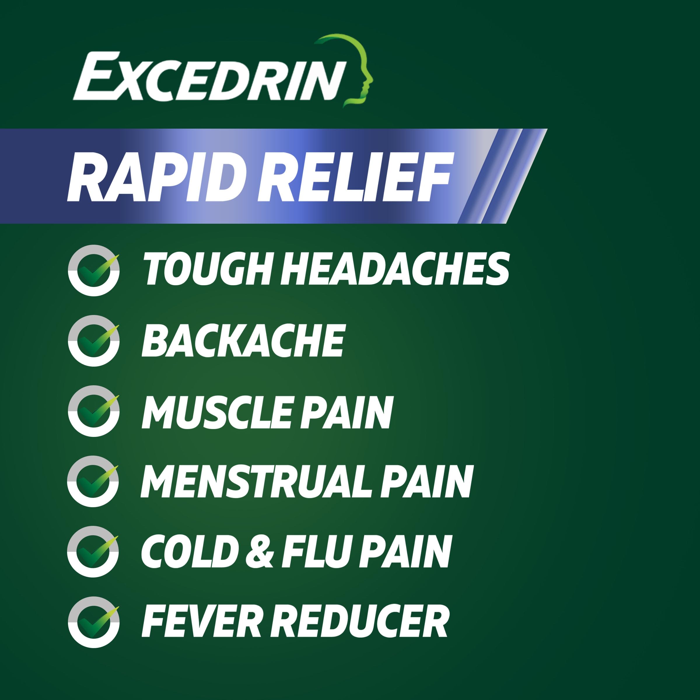 Excedrin Rapid Relief caplets with 500mg acetaminophen, 160-count bottle, showing the medication packaging and caplets.
