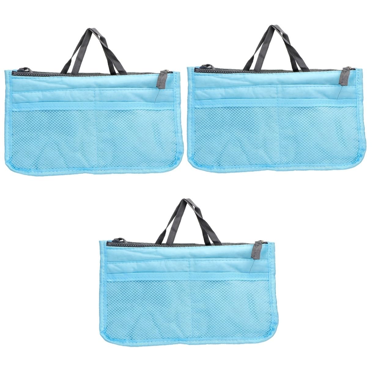 FRCOLOR 3-piece portable cosmetic case with multiple pockets, double zippers, foldable design, ideal for toiletries and travel.
