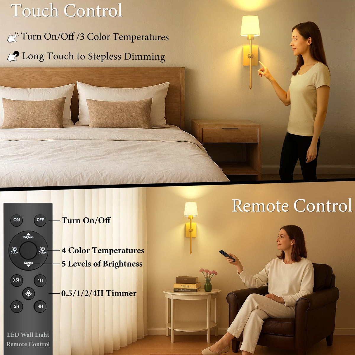 Battery Operated Wall Sconces Set of 2 Gold Rechargeable - iThird Official Imagery - 4