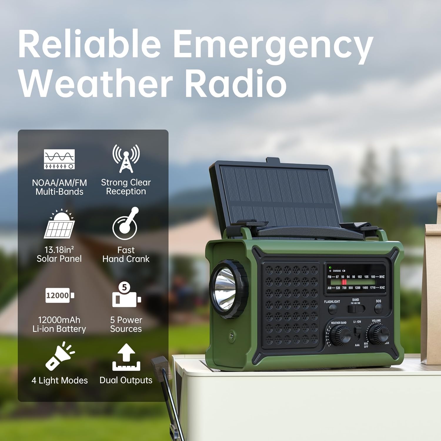 Mesqool Solar Radio Emergency Hand Crank with 12000mAh battery, clear AM/FM NOAA signal, portable outdoor survival device