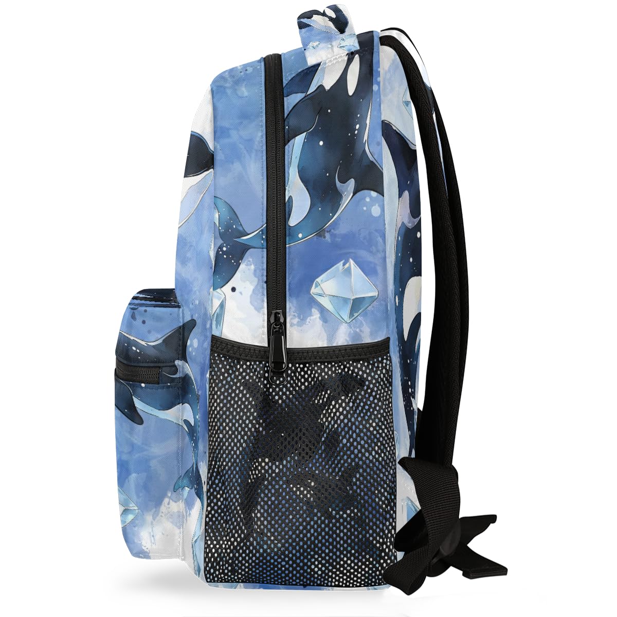 AUUXVA kids backpack featuring a large waterproof killer whale design, ocean watercolor pattern, shoulder straps, and spacious interior.