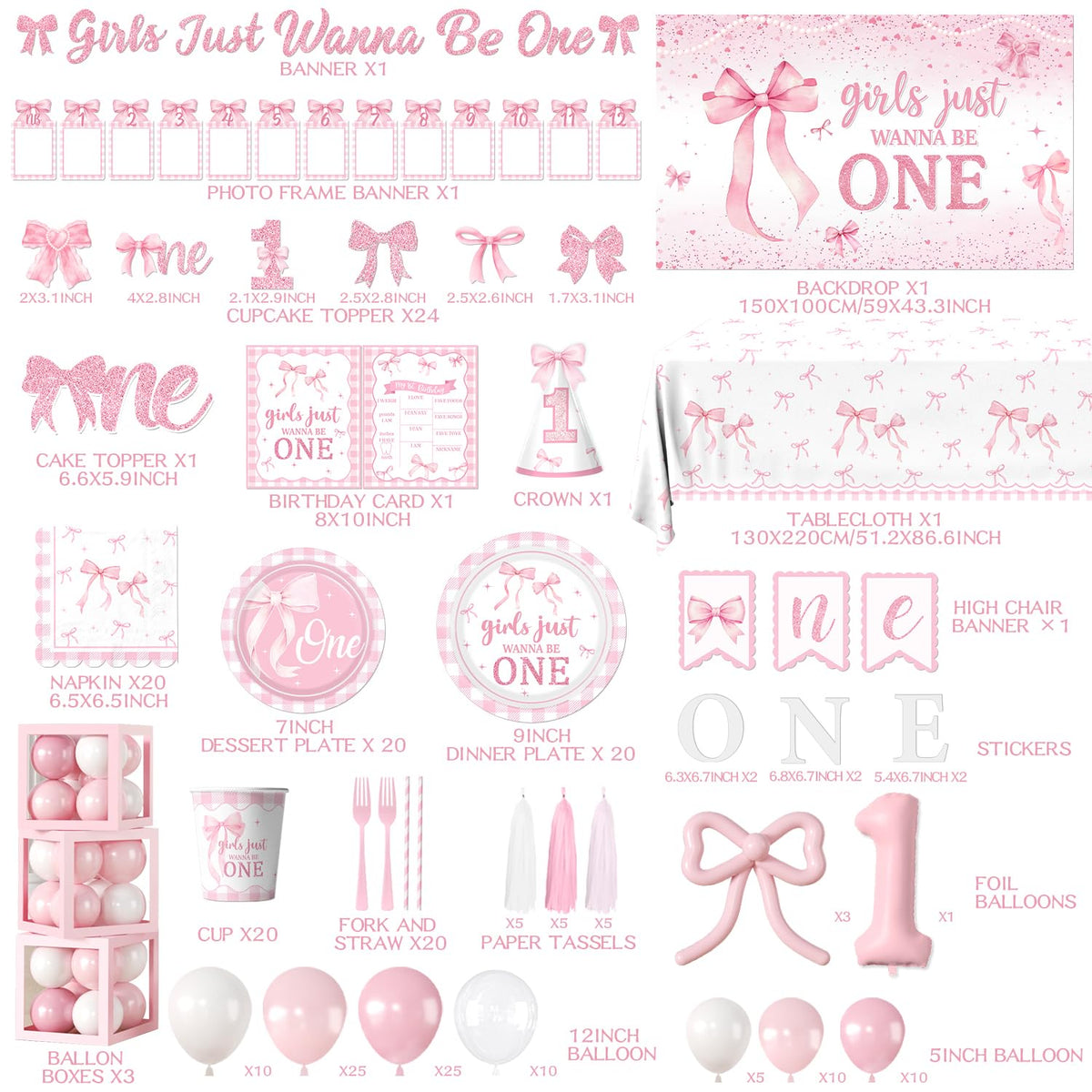 Pink Bow 1st Birthday Decorations 271Pcs Girls Just Wanna Be - KUPWOQU Official Imagery - 6