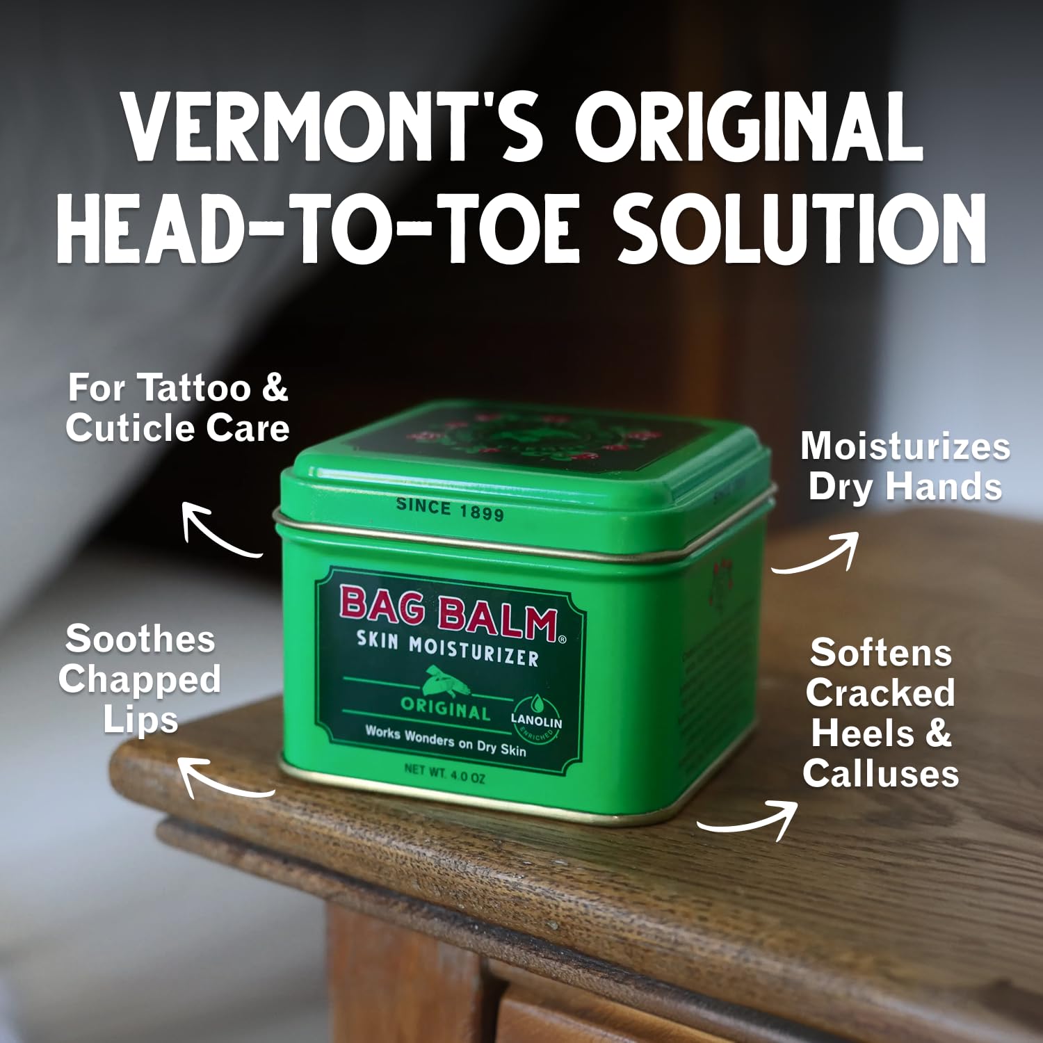 Bag Balm Original Skin Moisturizer in a 4oz tin, featuring a vintage-style label and metal tin container.