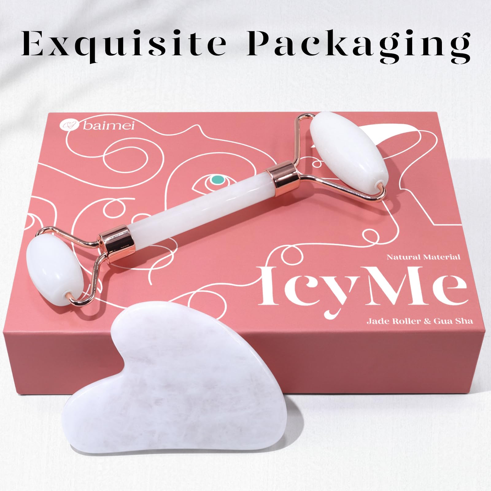 BAIMEI IcyMe Jade Roller & Gua Sha Facial Tool Set for Face Depuffing