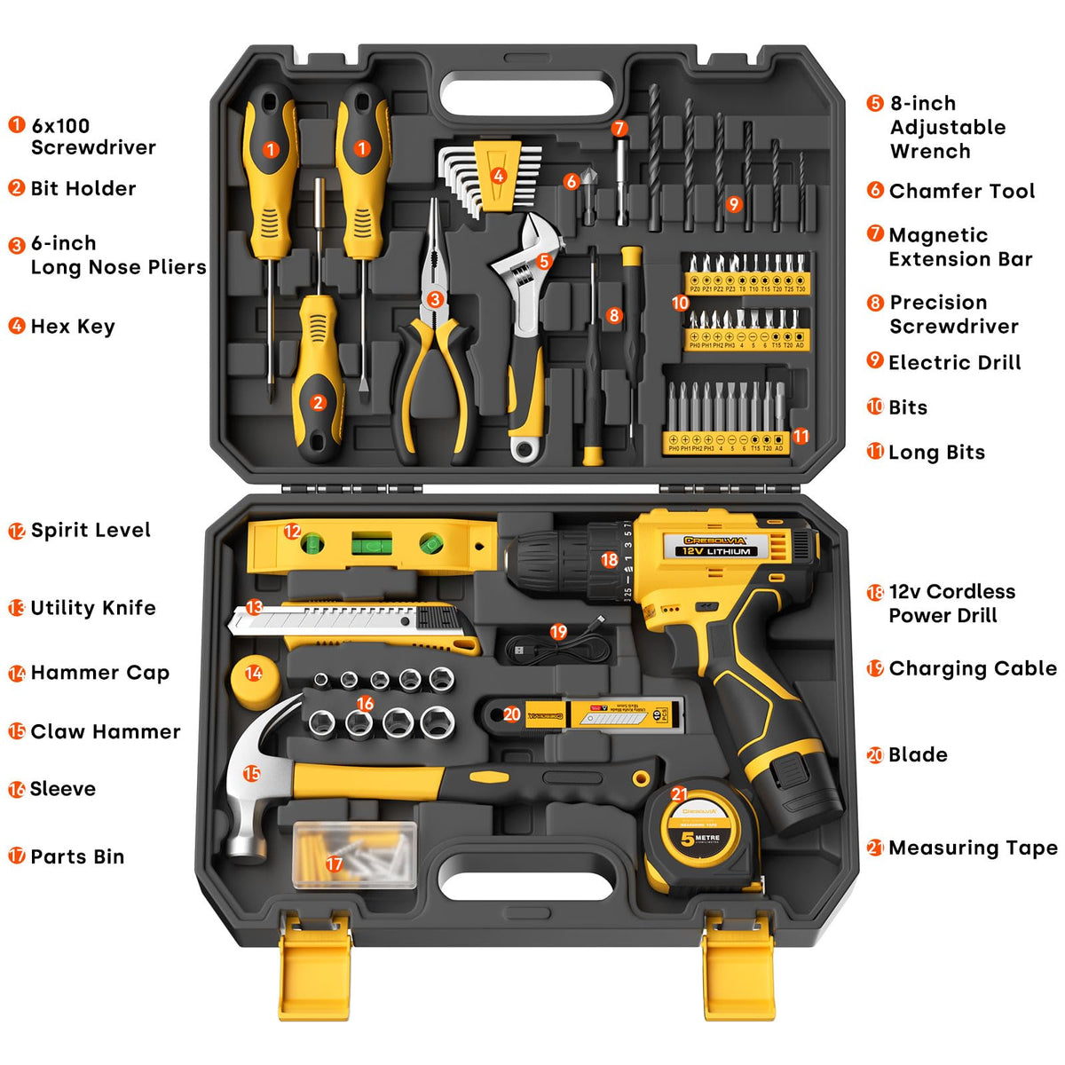 Drill Set Tool Kit for Home with 12V Cordless Power Drill - CRESOLVIA Official Imagery - 4