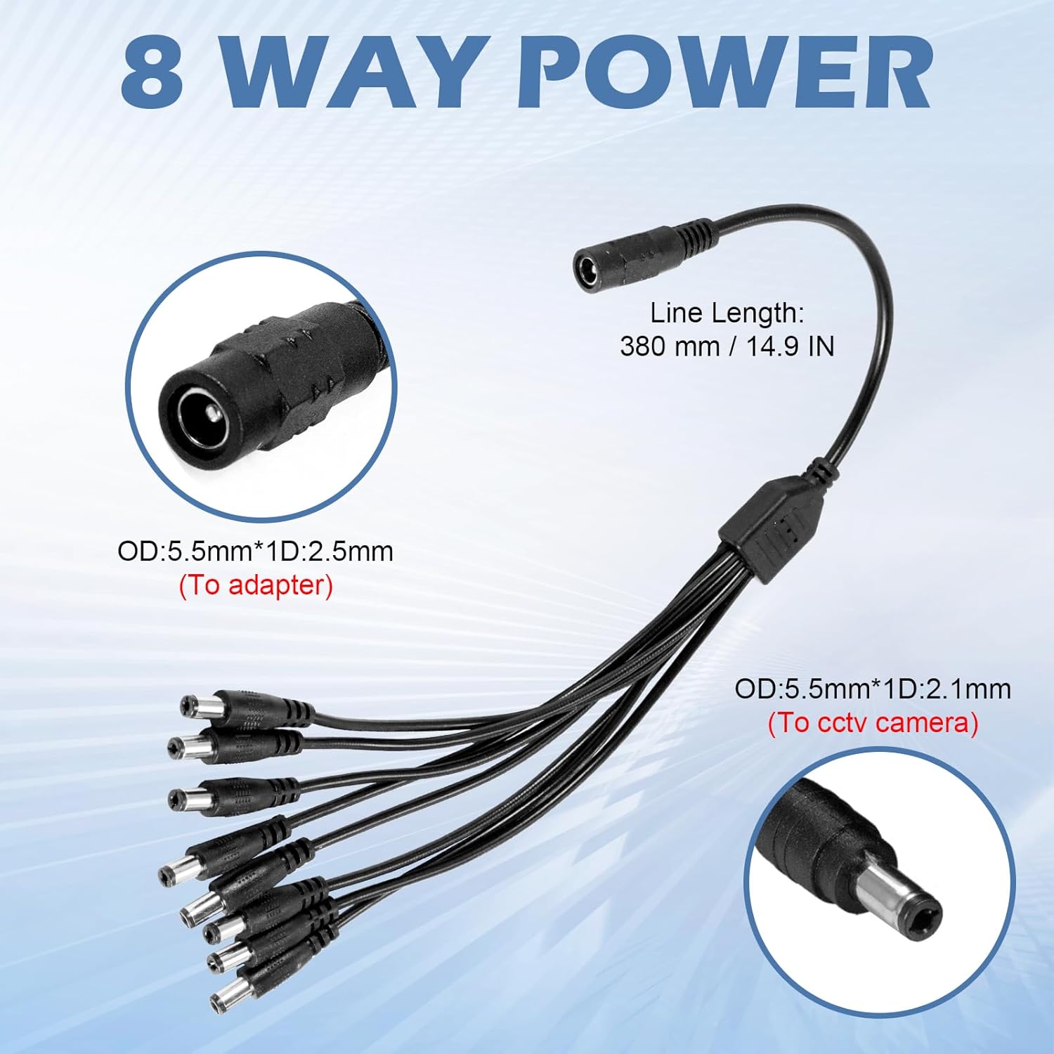 HOAYVKJ 12V 5A security camera power supply adapter with 8-way splitter cable and AC/DC converter for surveillance systems
