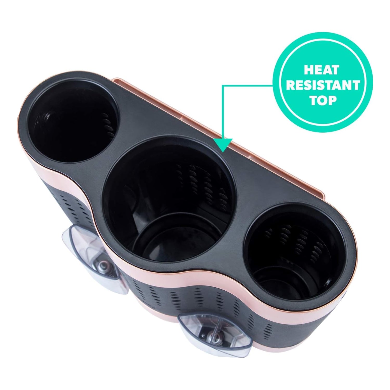 Minky silicone hair tool storage dock in rose gold and black with compartments for hair dryer and styling tools.
