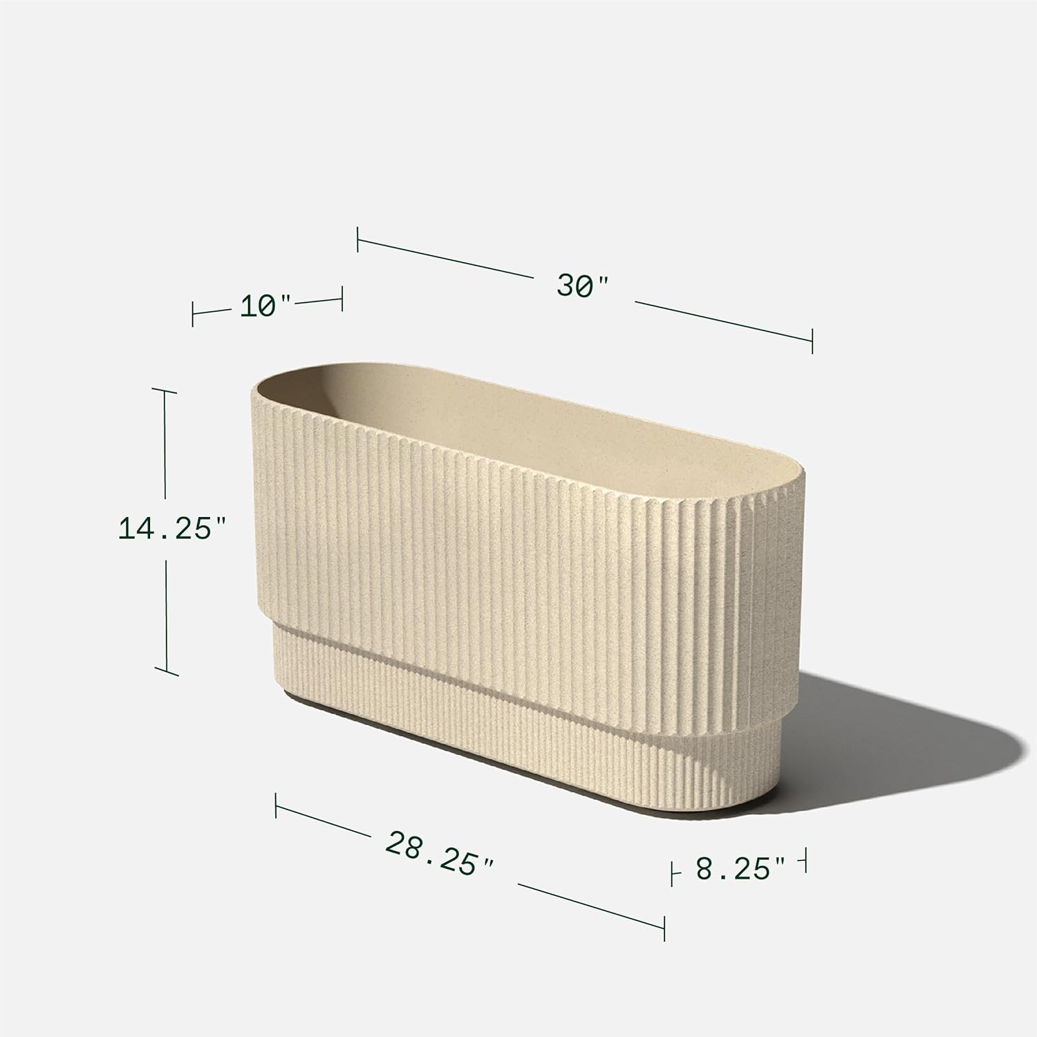 Beige planter with dimensions labeled on a white background