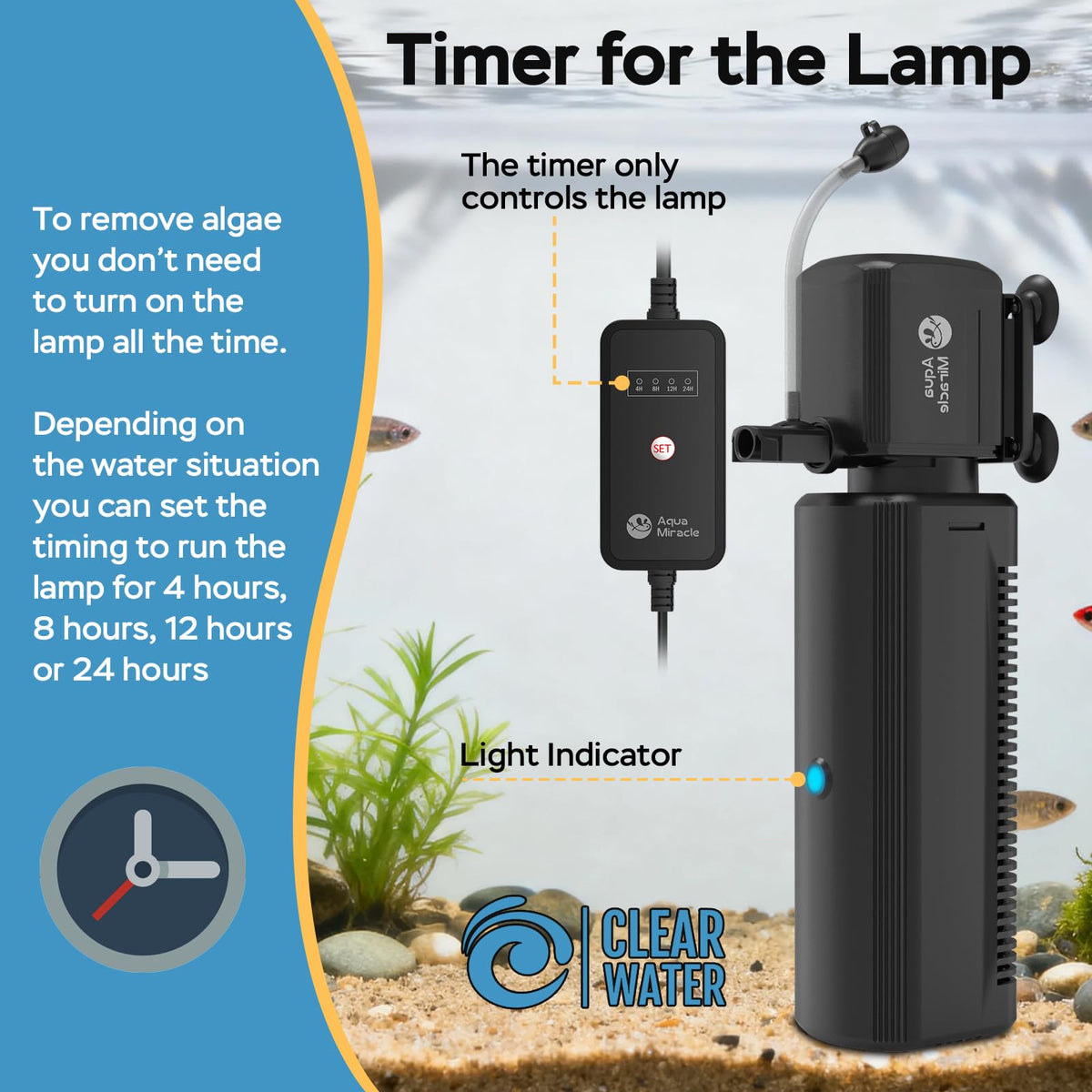 AquaMiracle Fish Tank Filter with Timer Filter Sponge 130GPH - AquaMiracle Official Imagery - 5