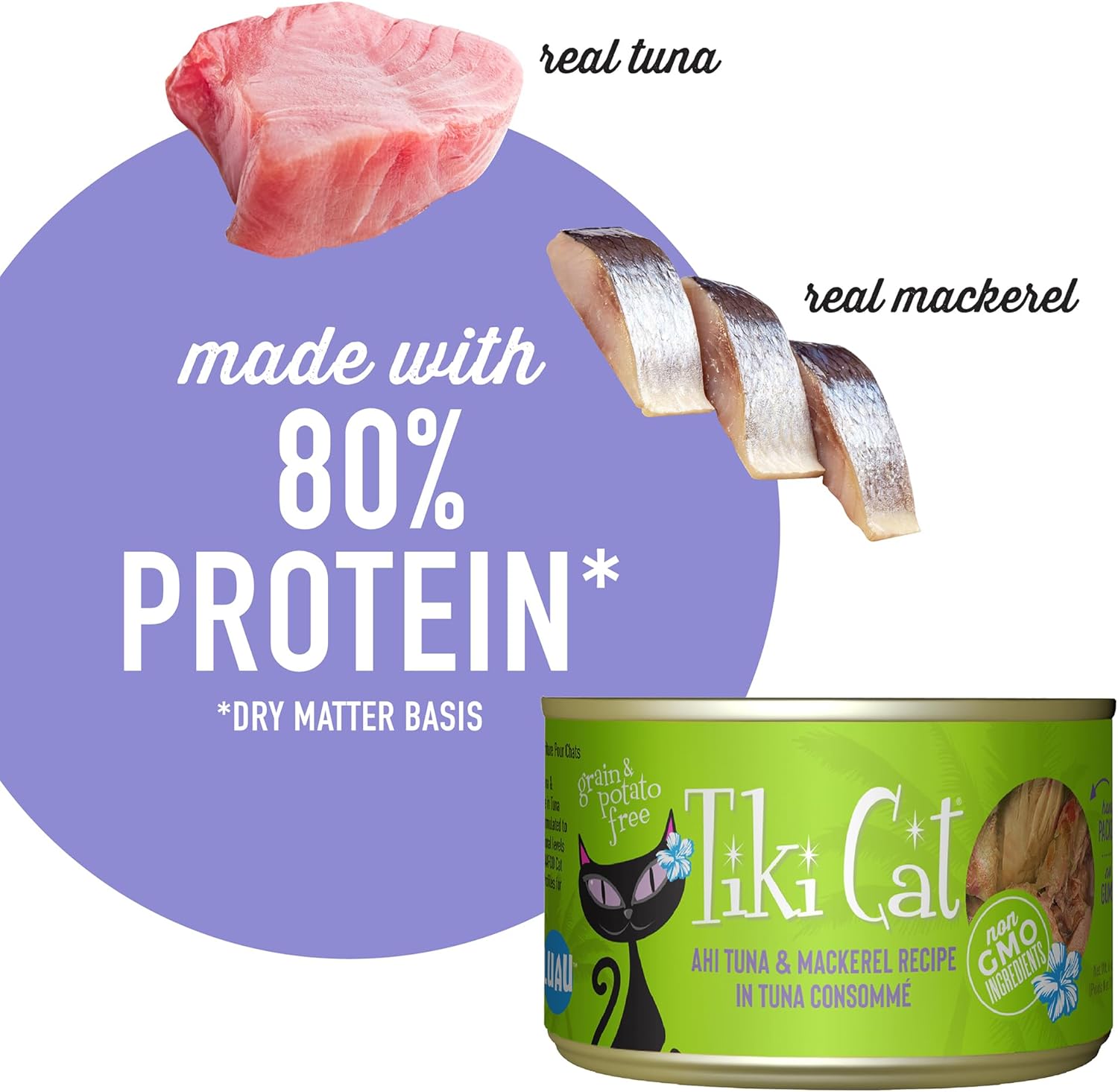Tiki Cat Papeekeo Luau canned cat food for adult cats in a pack of 12, 2.8-ounce cans, featuring colorful label and product branding.