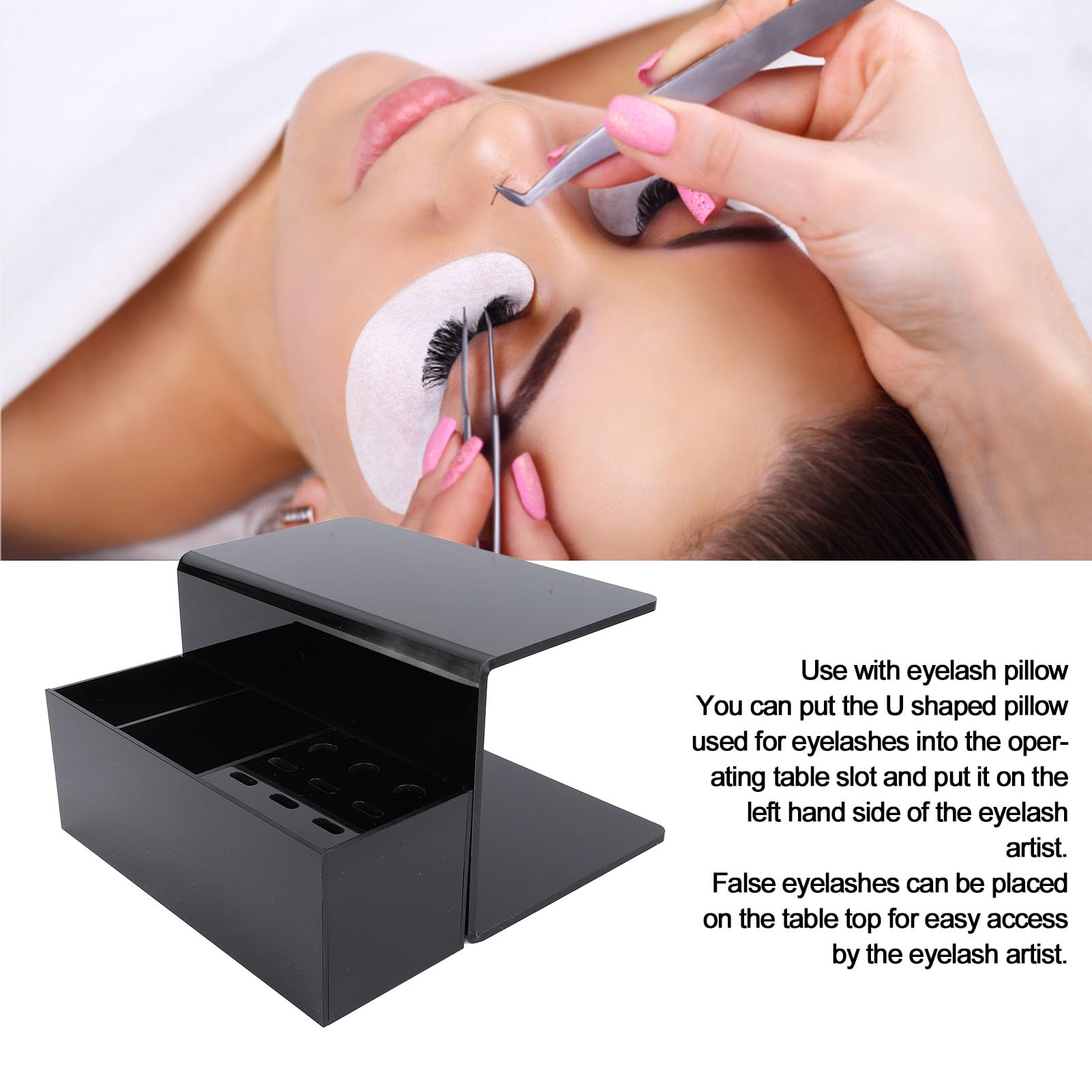 CCYLEZ Professional Eyelash Extension Organizer, Adjustable Height Acrylic Eyelash Pillow Stand with Storage Compartments for Salon Lash Artists Black 19.8x7.5x7.3cm